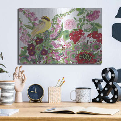 Luxe Metal Art 'Warbler With Frog' by Carissa Luminess, Metal Wall Art,16x12