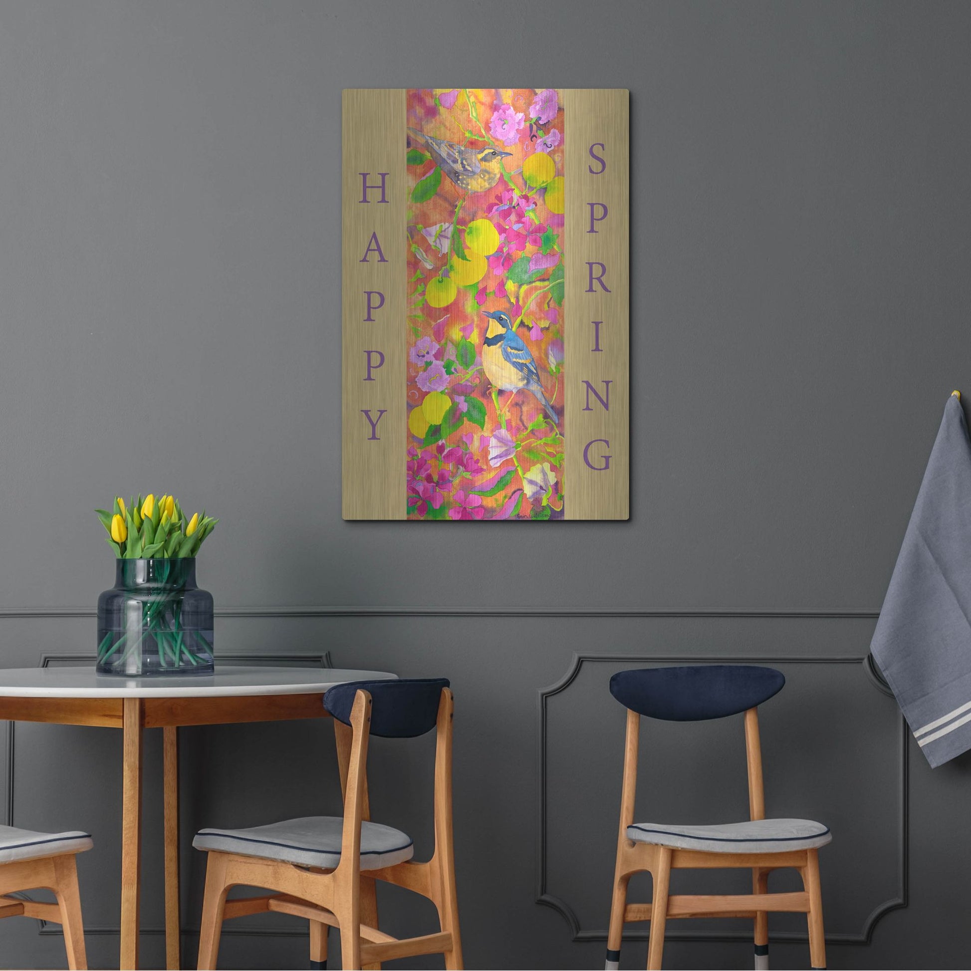 Luxe Metal Art 'Varied Thrushes Happy Spring' by Carissa Luminess, Metal Wall Art,24x36