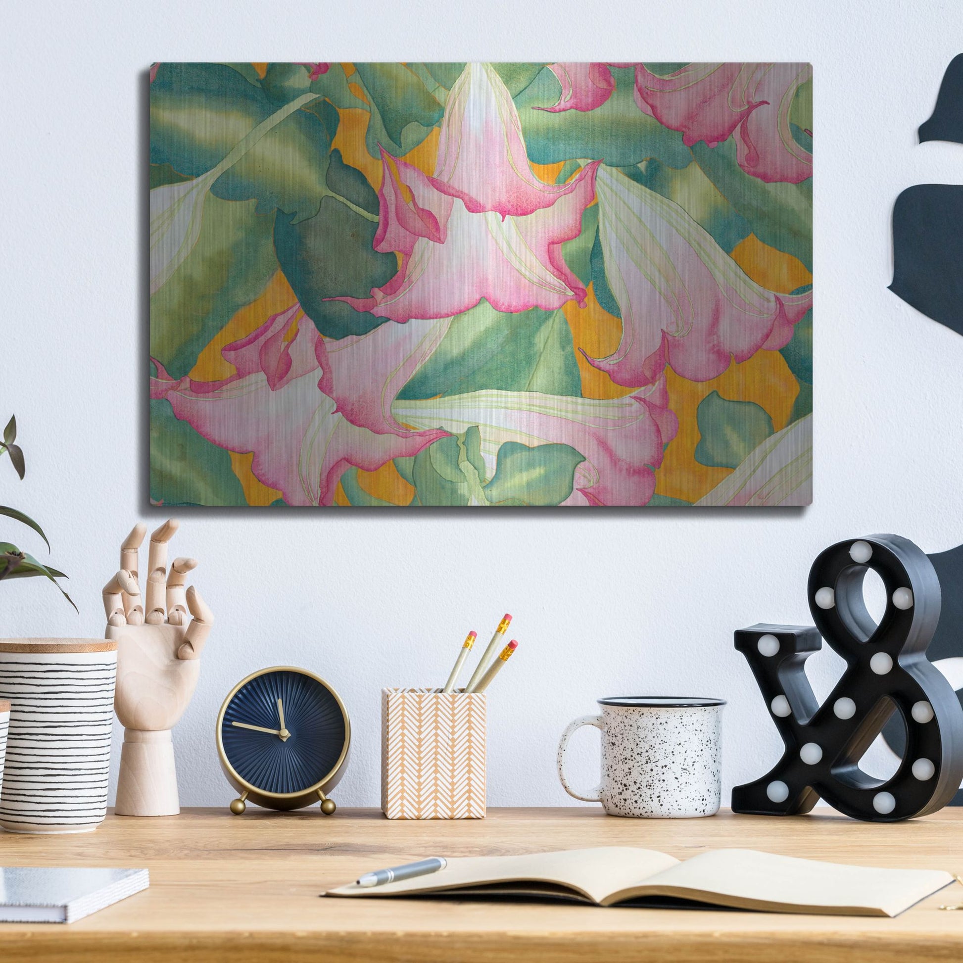 Luxe Metal Art 'Heavenly Divine- Angel Trumpets' by Carissa Luminess, Metal Wall Art,16x12