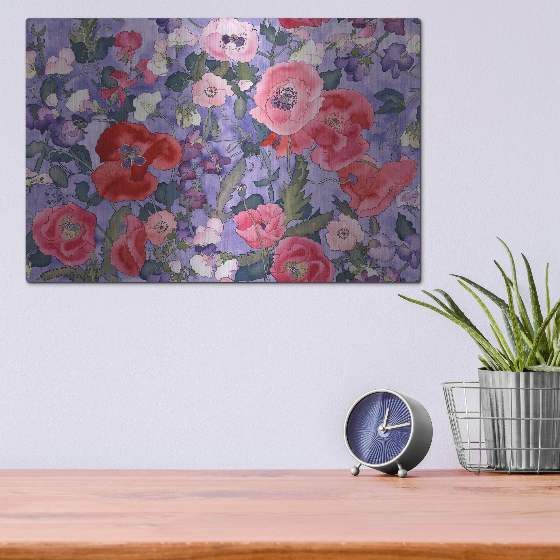 Luxe Metal Art 'Poppies & Sweet Peas Pattern-Light' by Carissa Luminess, Metal Wall Art,16x12