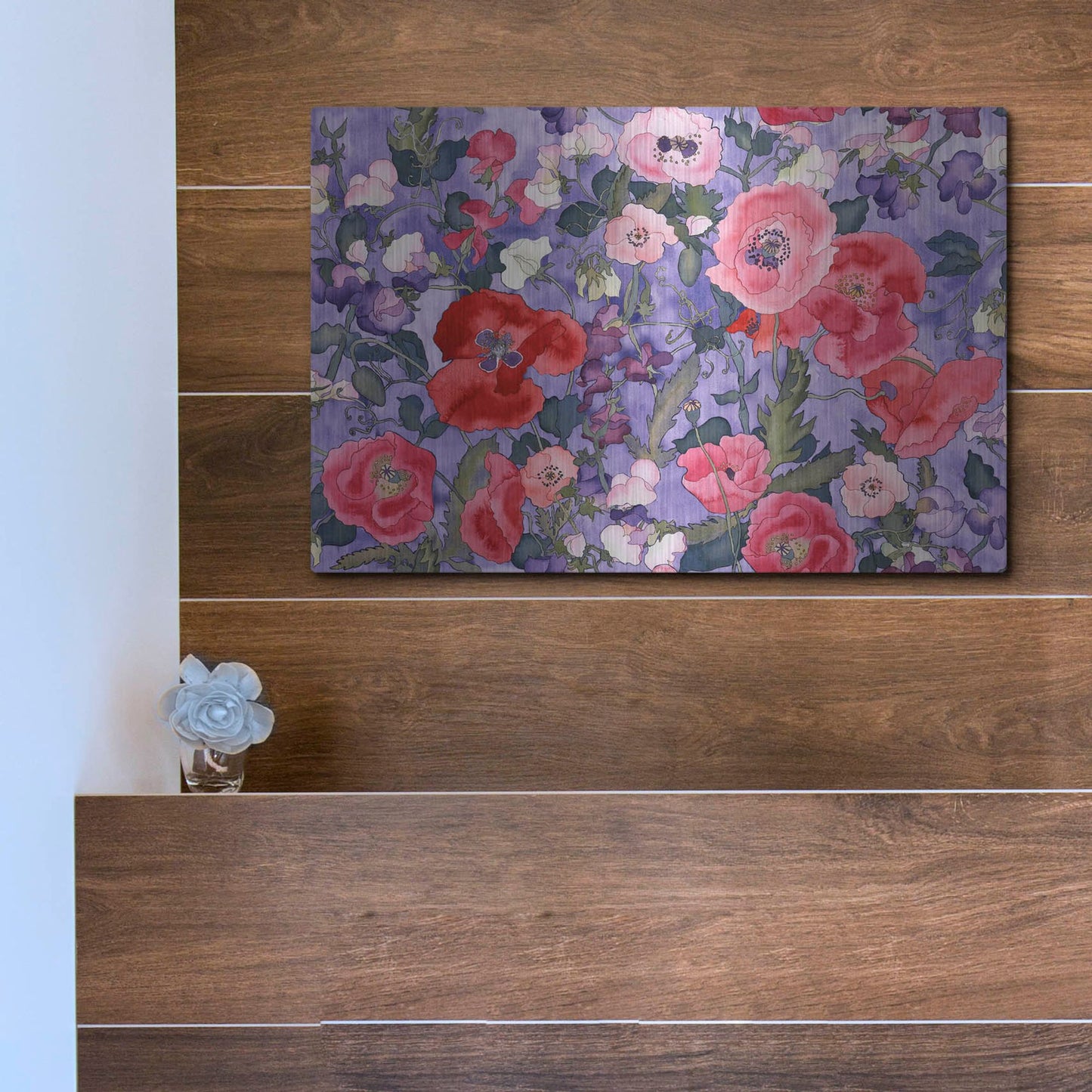 Luxe Metal Art 'Poppies & Sweet Peas Pattern-Light' by Carissa Luminess, Metal Wall Art,16x12