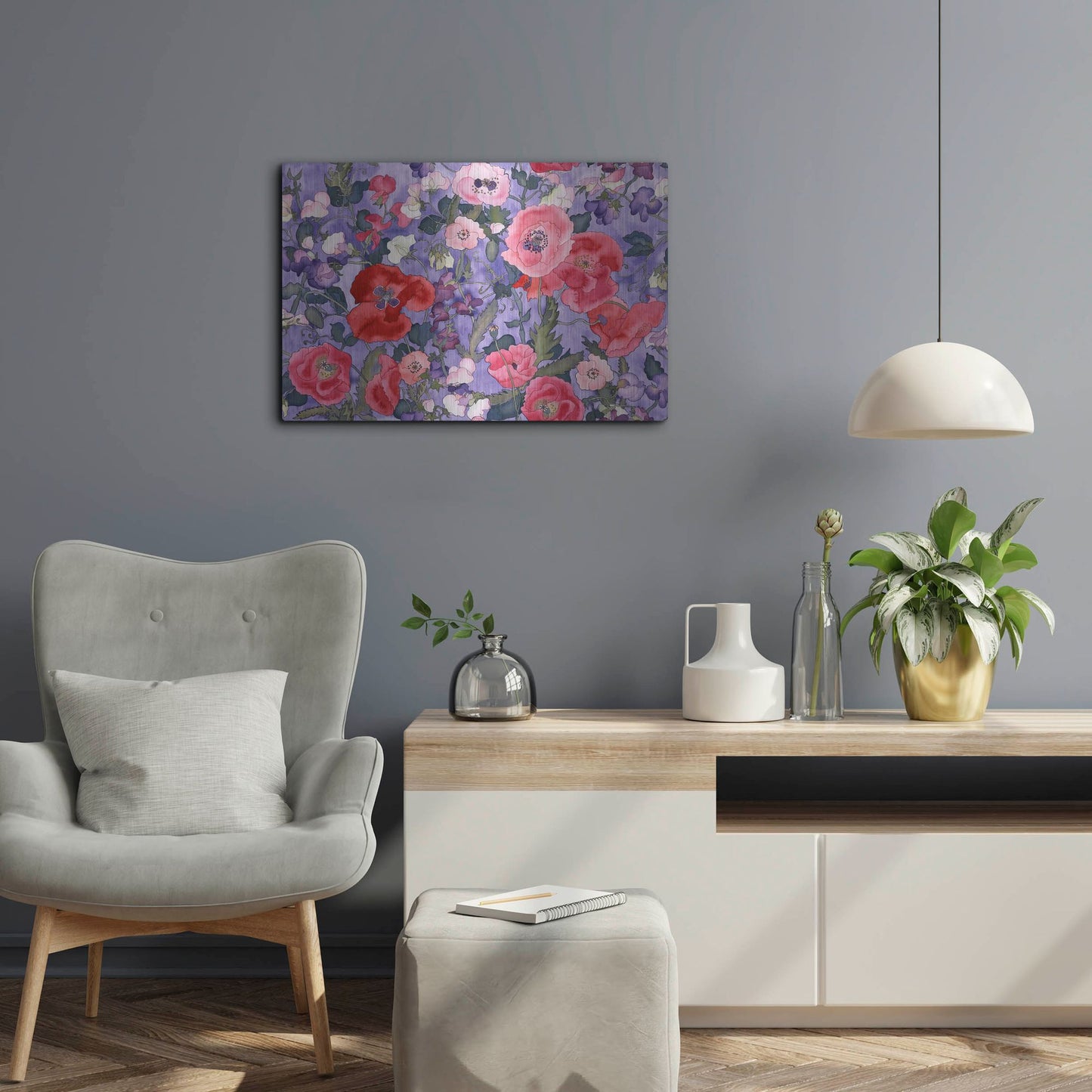 Luxe Metal Art 'Poppies & Sweet Peas Pattern-Light' by Carissa Luminess, Metal Wall Art,24x16