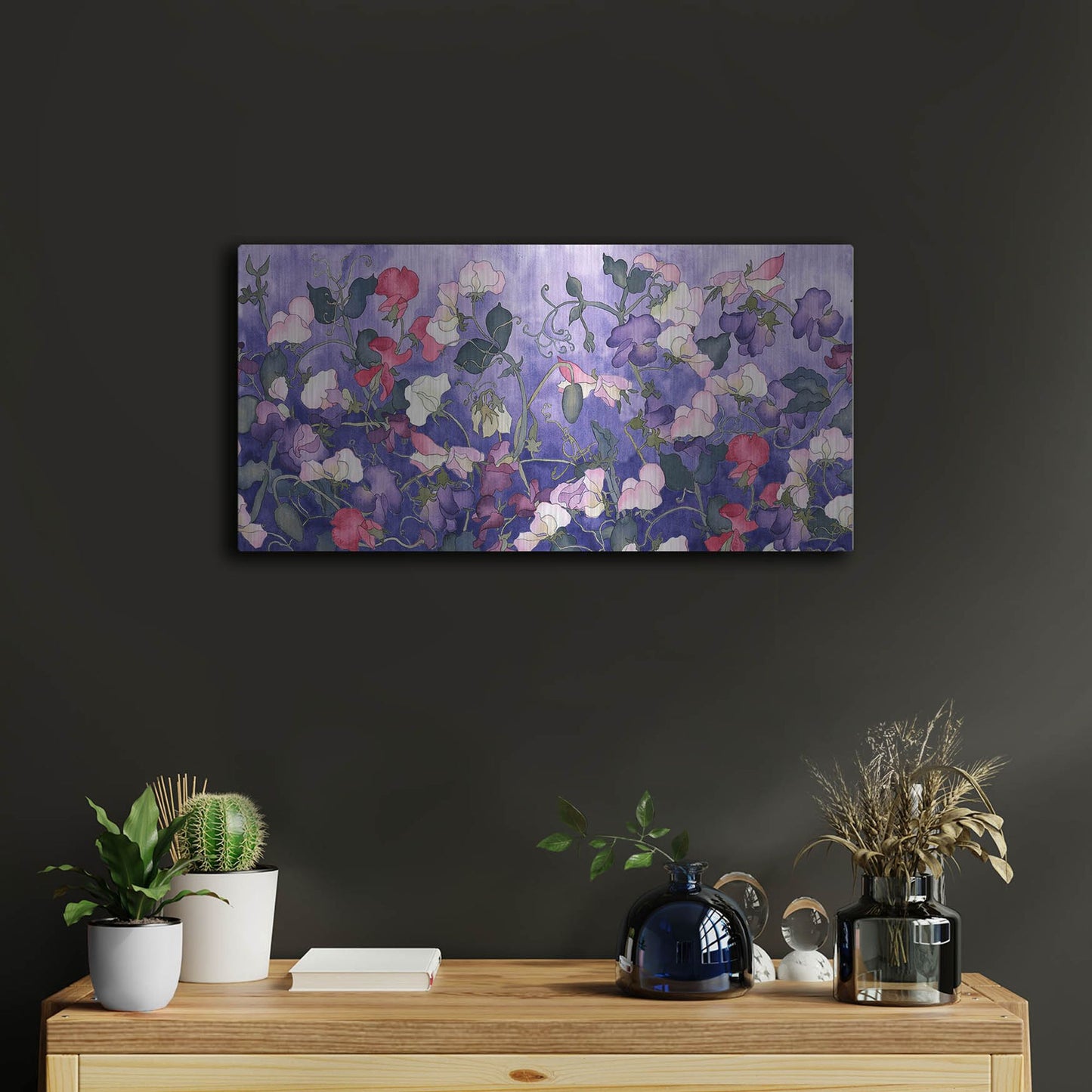 Luxe Metal Art 'Poppies & Sweet Peas- Run On Pattern' by Carissa Luminess, Metal Wall Art,24x12