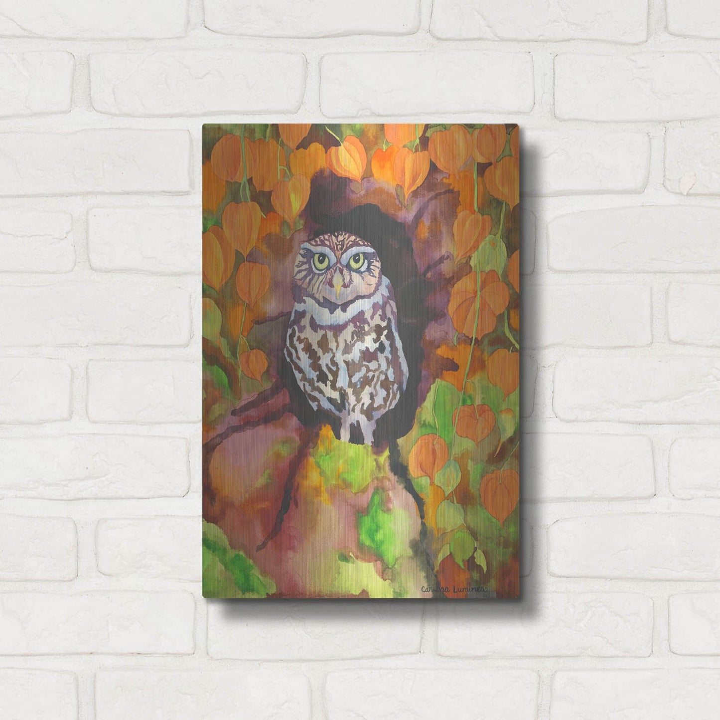 Luxe Metal Art 'Owl with Asian Lanterns' by Carissa Luminess, Metal Wall Art,12x16