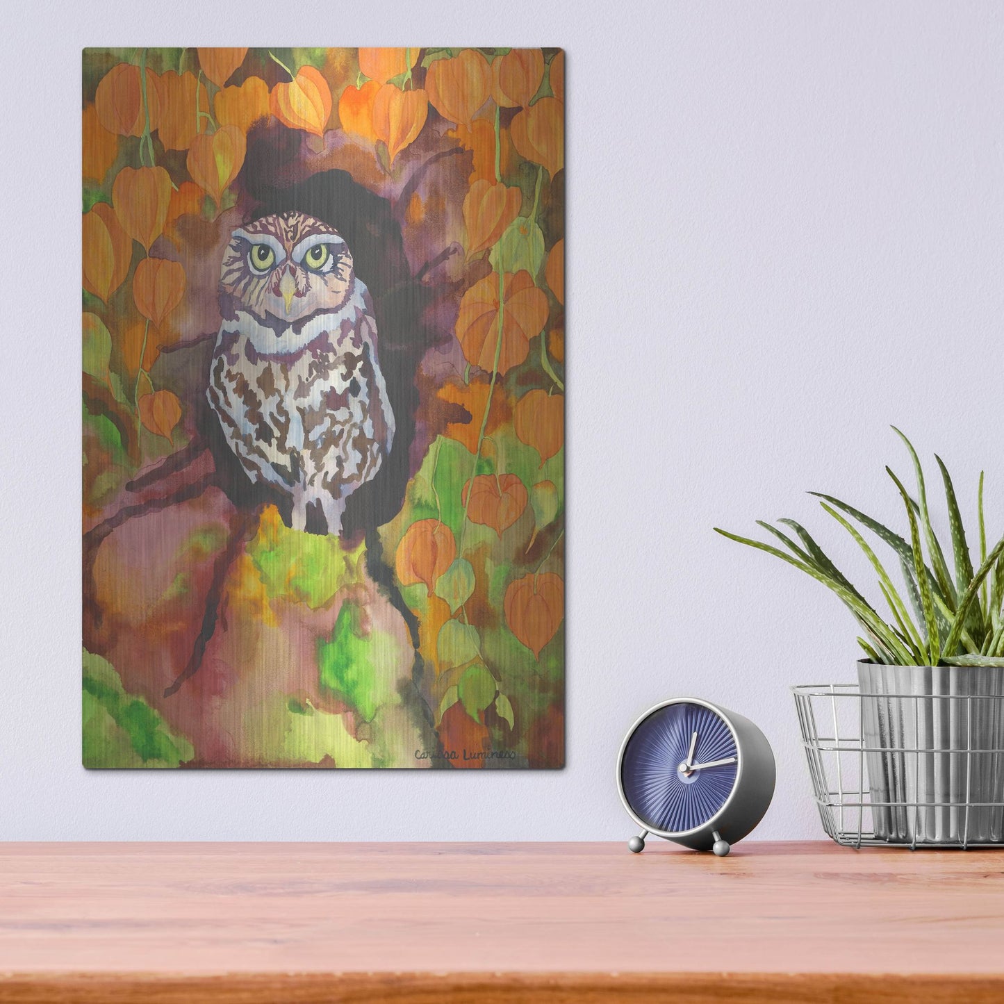 Luxe Metal Art 'Owl with Asian Lanterns' by Carissa Luminess, Metal Wall Art,12x16