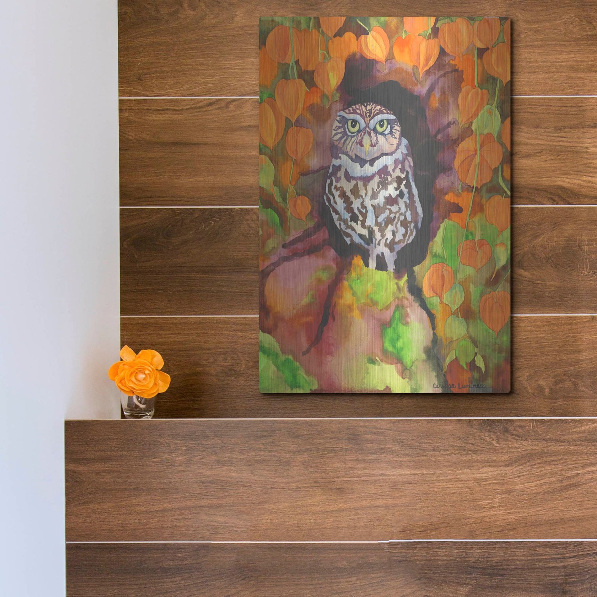 Luxe Metal Art 'Owl with Asian Lanterns' by Carissa Luminess, Metal Wall Art,12x16