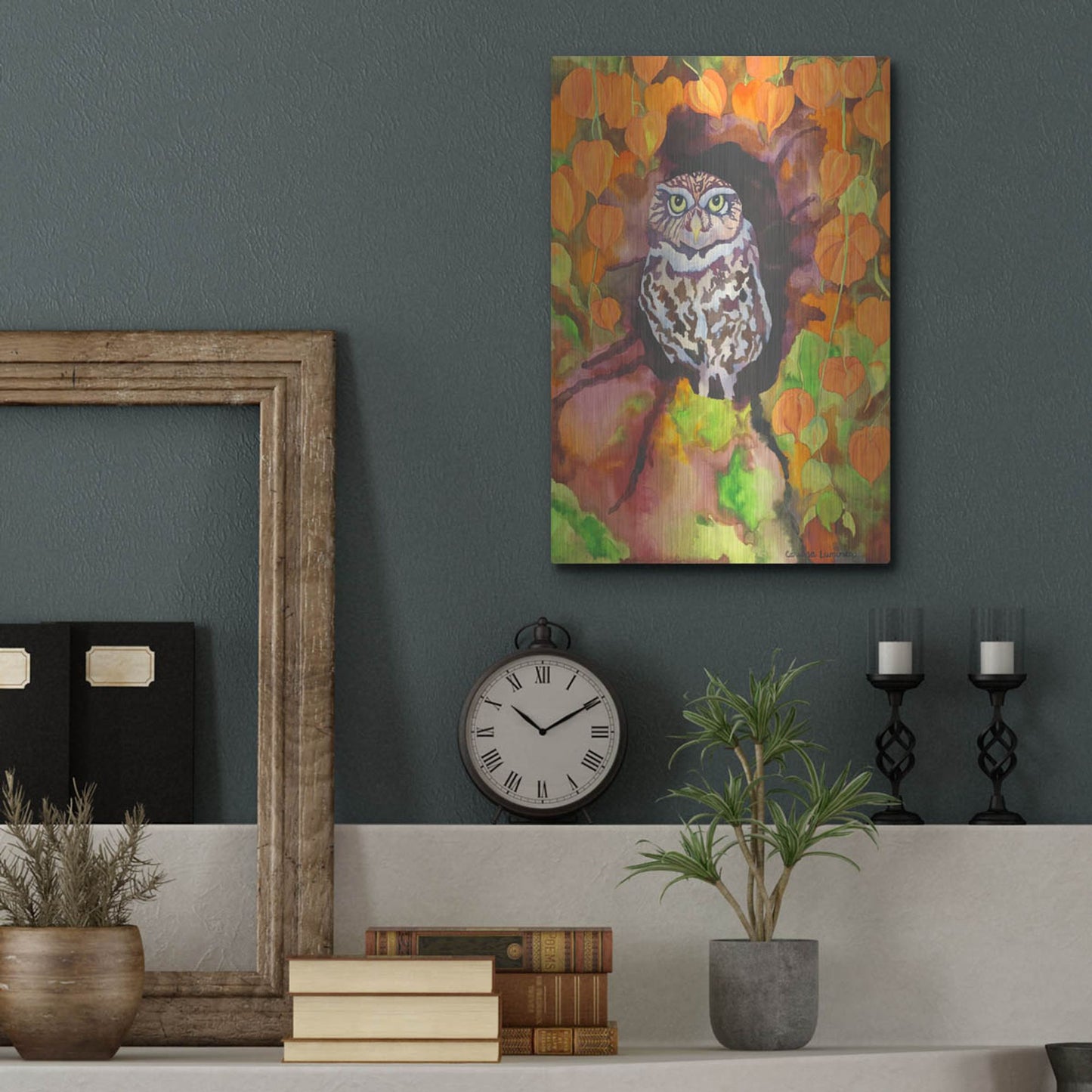 Luxe Metal Art 'Owl with Asian Lanterns' by Carissa Luminess, Metal Wall Art,12x16