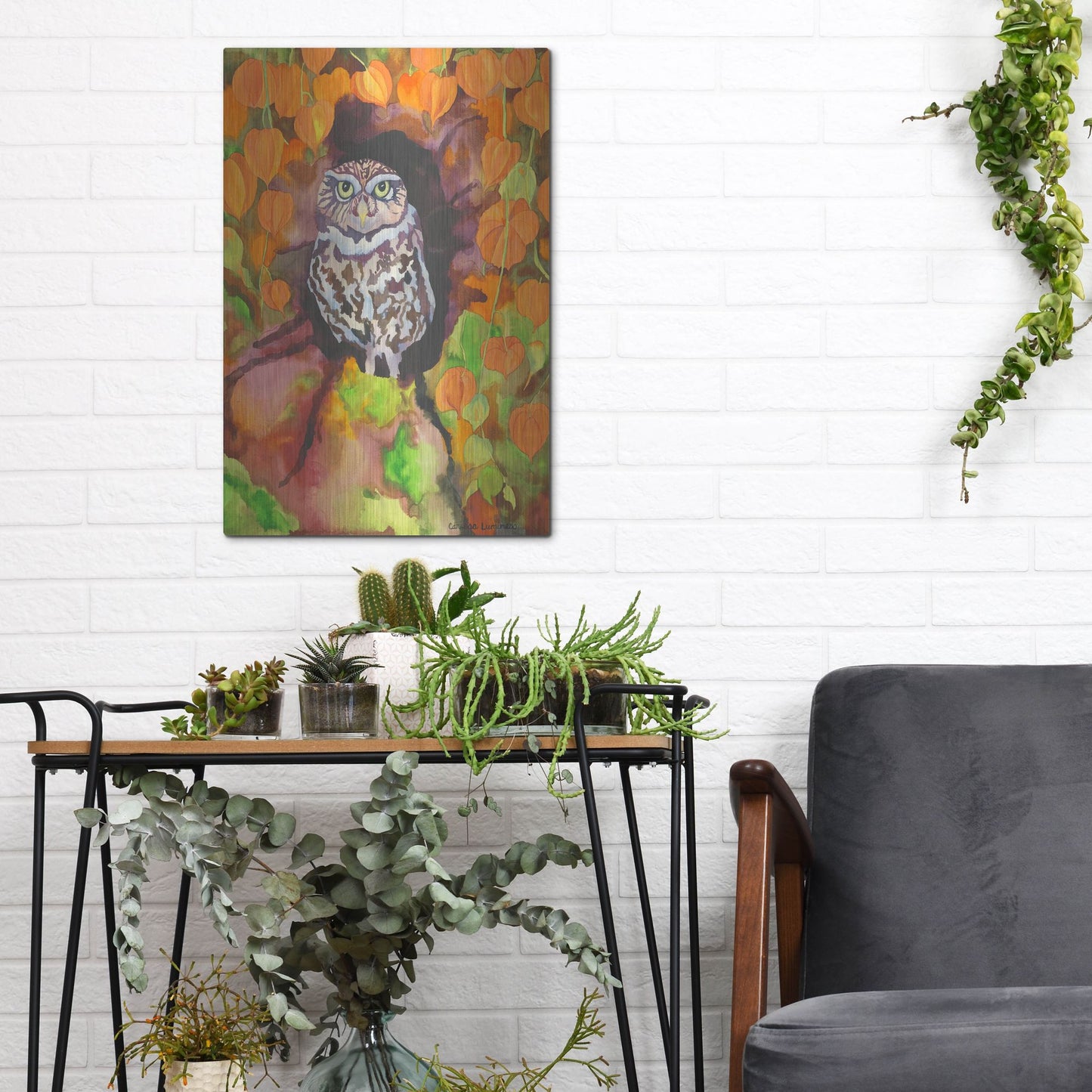 Luxe Metal Art 'Owl with Asian Lanterns' by Carissa Luminess, Metal Wall Art,12x16