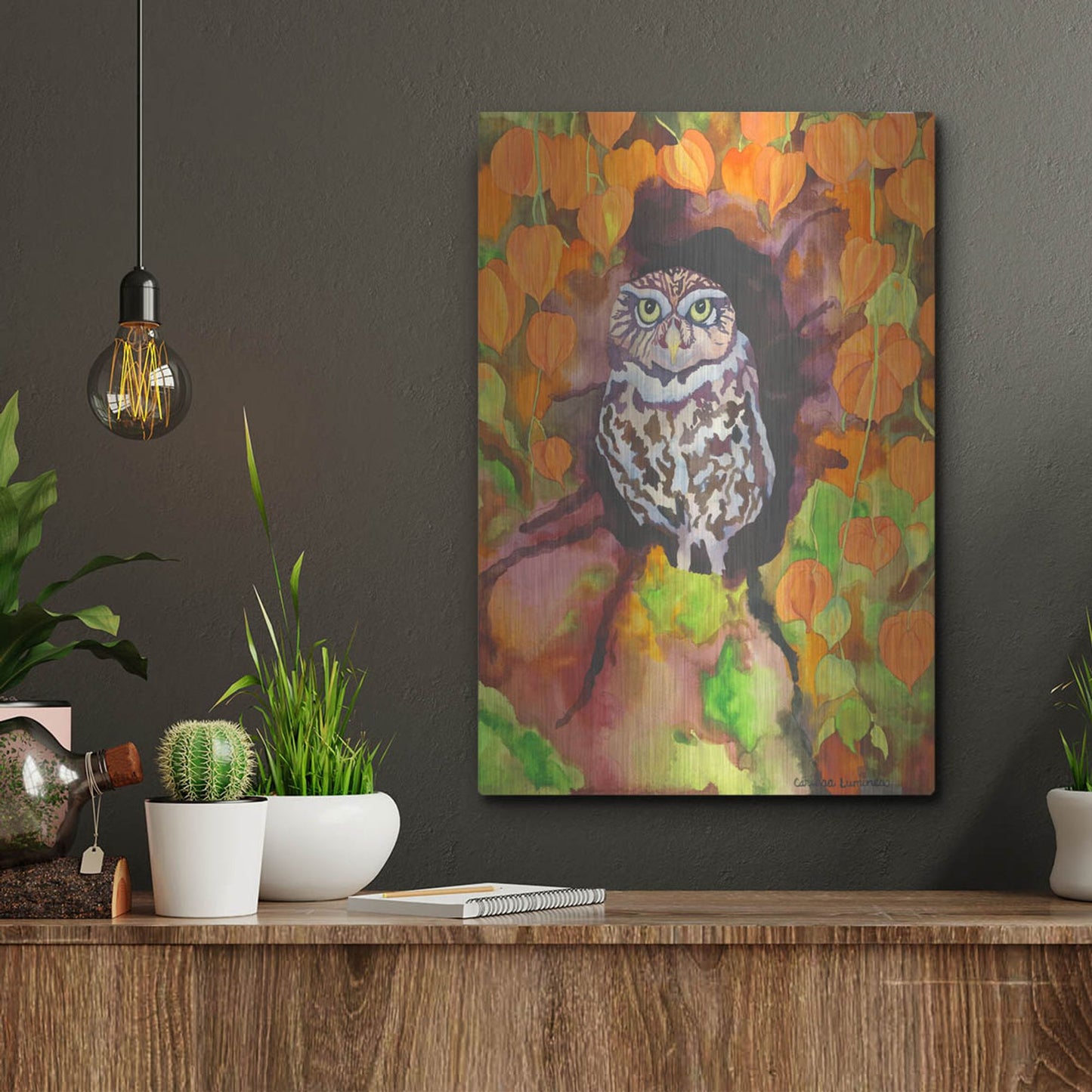 Luxe Metal Art 'Owl with Asian Lanterns' by Carissa Luminess, Metal Wall Art,12x16