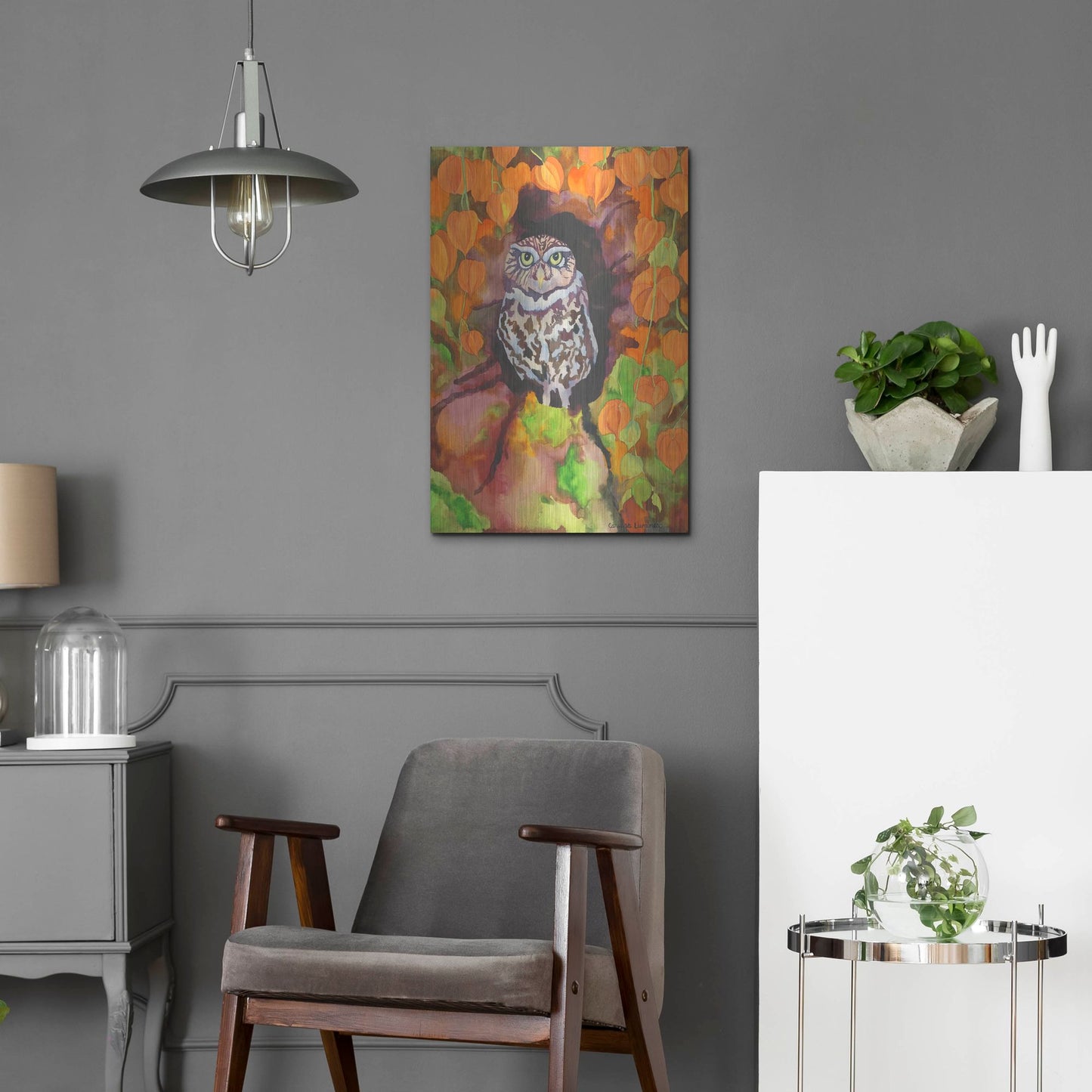Luxe Metal Art 'Owl with Asian Lanterns' by Carissa Luminess, Metal Wall Art,16x24