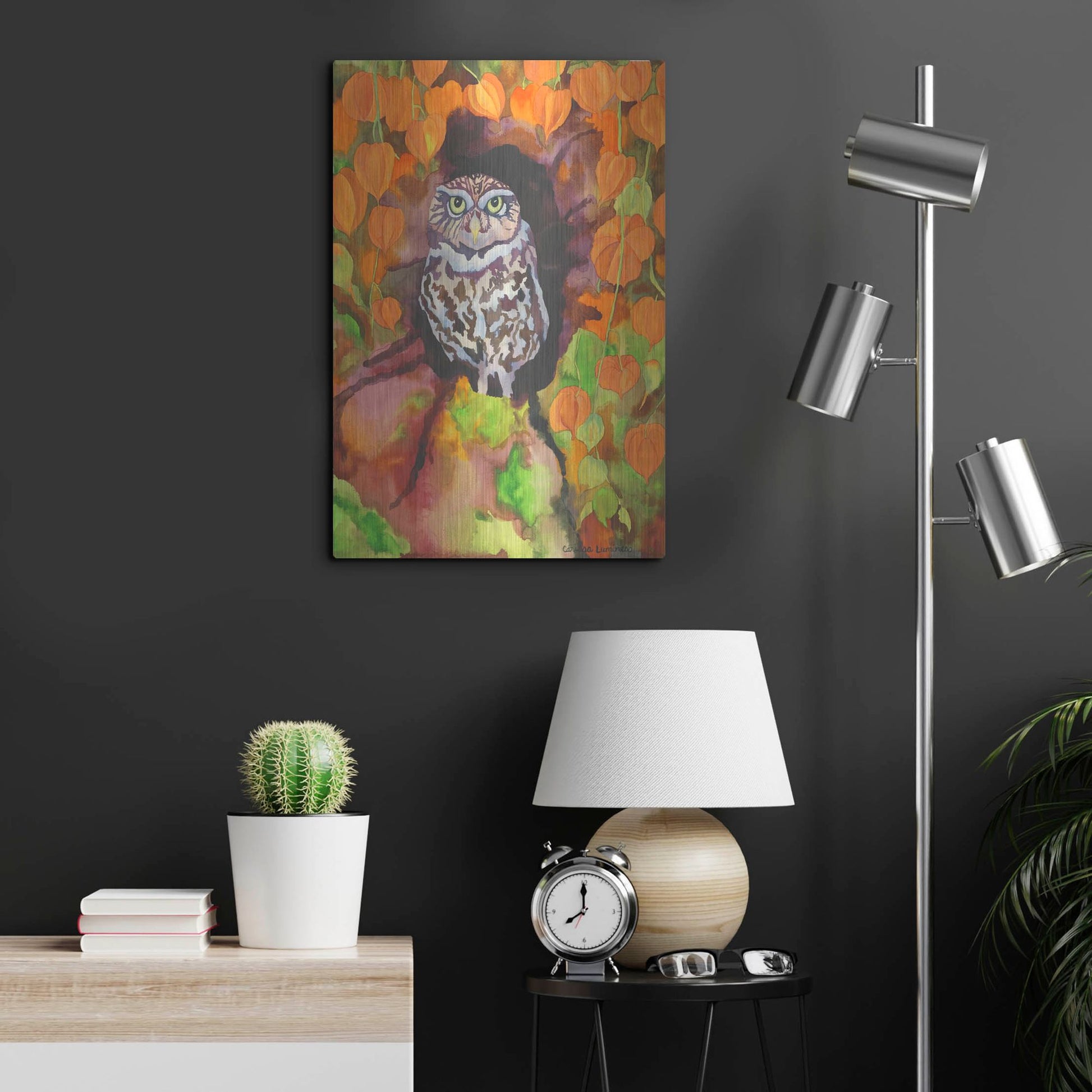 Luxe Metal Art 'Owl with Asian Lanterns' by Carissa Luminess, Metal Wall Art,16x24