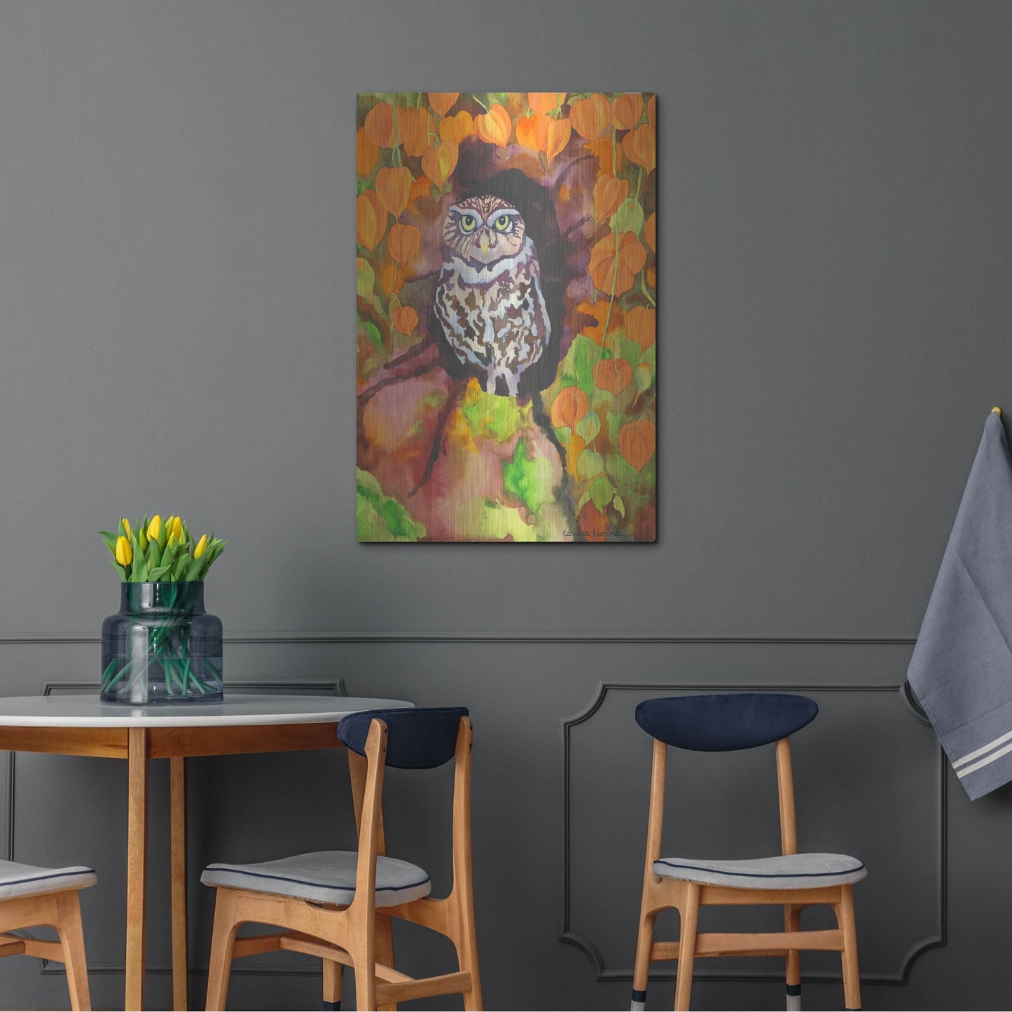 Luxe Metal Art 'Owl with Asian Lanterns' by Carissa Luminess, Metal Wall Art,24x36