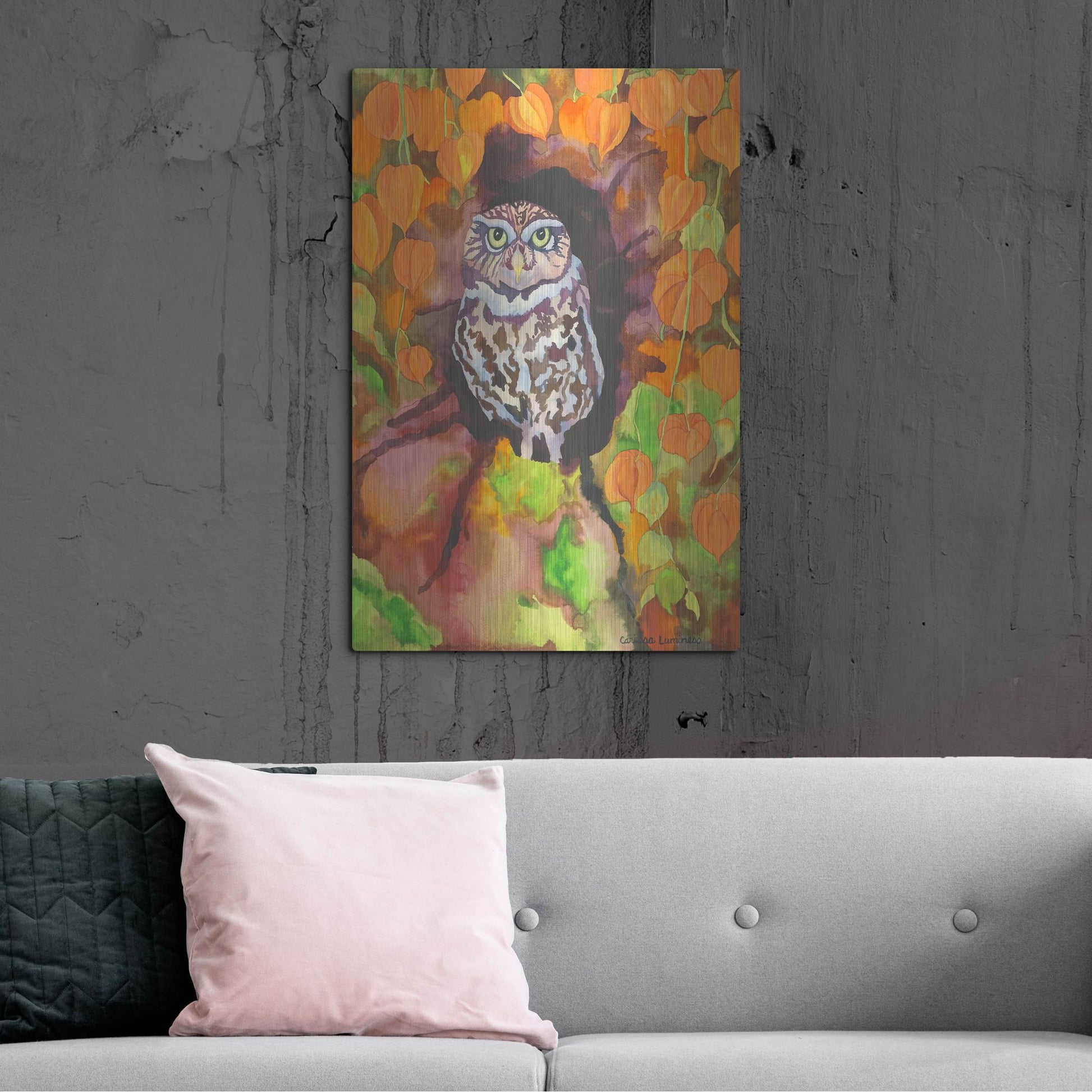 Luxe Metal Art 'Owl with Asian Lanterns' by Carissa Luminess, Metal Wall Art,24x36
