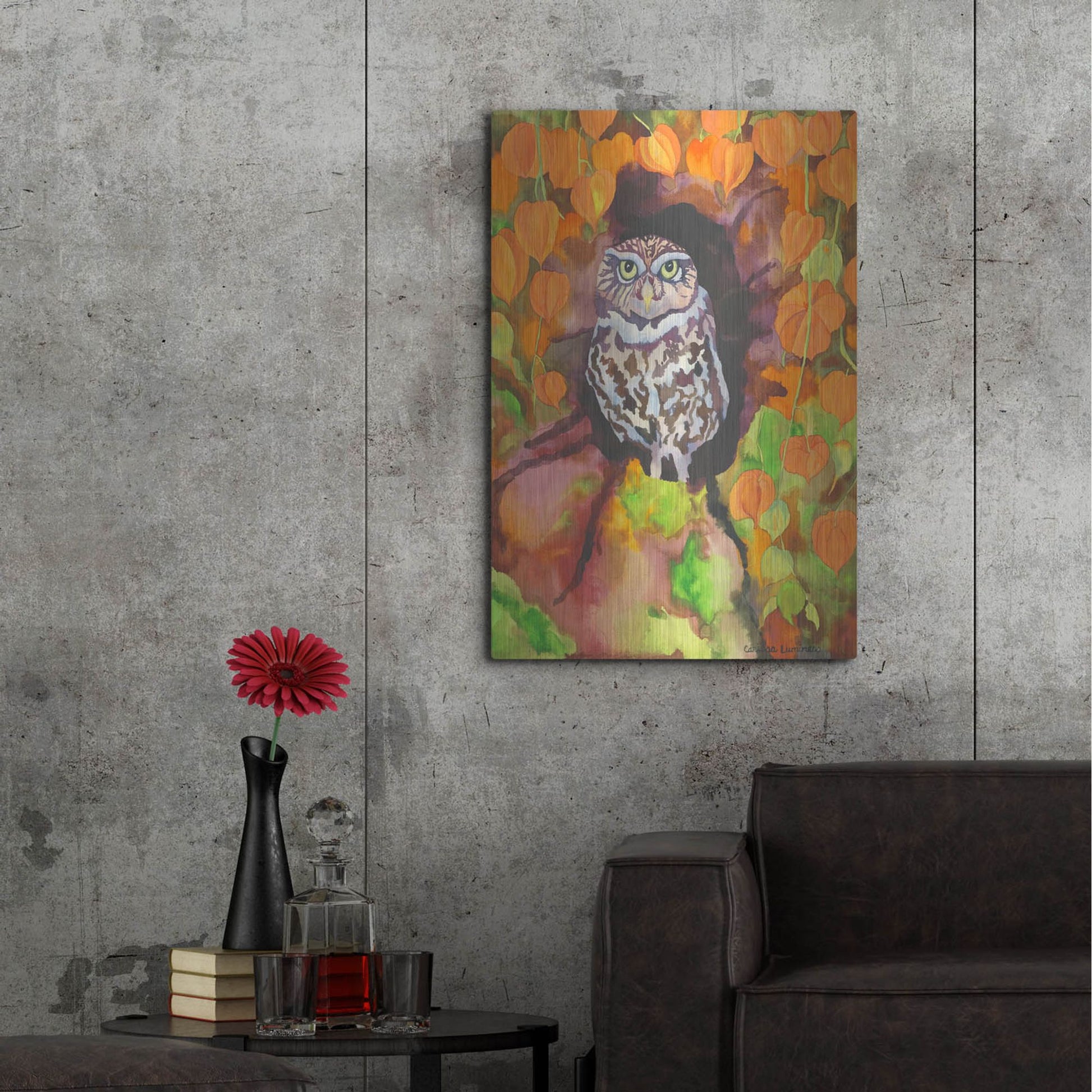Luxe Metal Art 'Owl with Asian Lanterns' by Carissa Luminess, Metal Wall Art,24x36