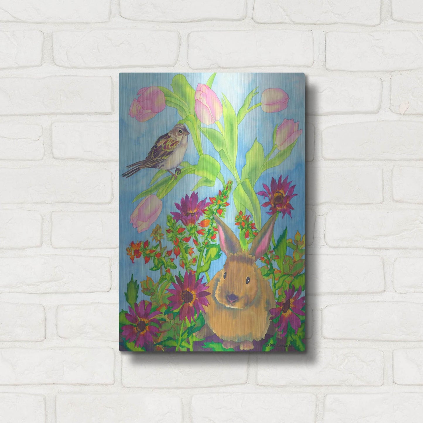 Luxe Metal Art 'Bunny and Sparrow' by Carissa Luminess, Metal Wall Art,12x16