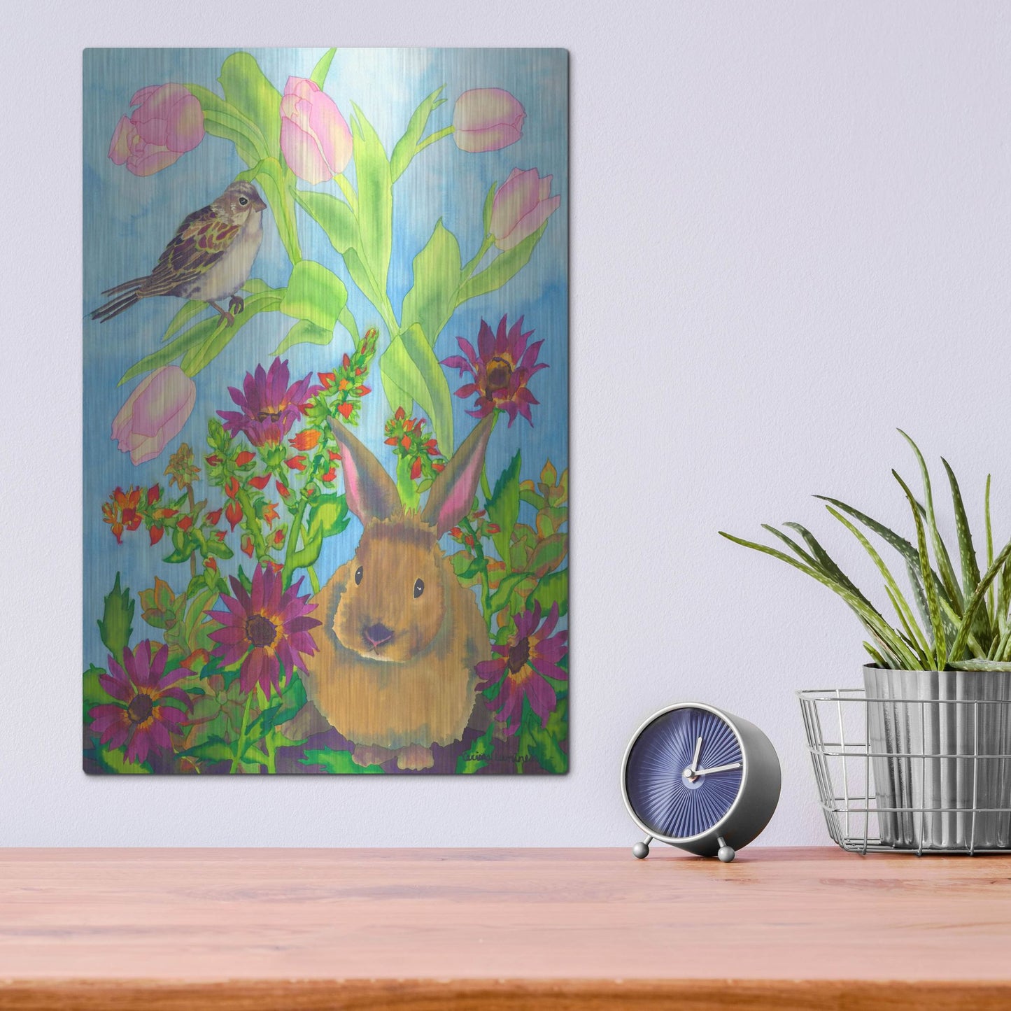 Luxe Metal Art 'Bunny and Sparrow' by Carissa Luminess, Metal Wall Art,12x16