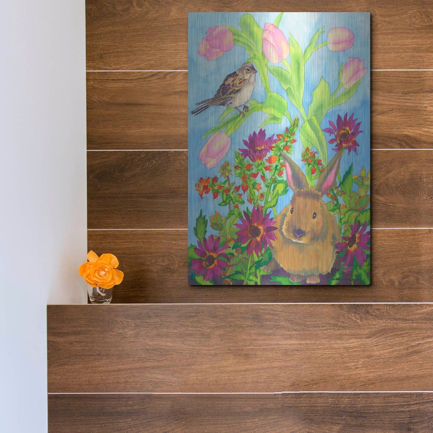 Luxe Metal Art 'Bunny and Sparrow' by Carissa Luminess, Metal Wall Art,12x16