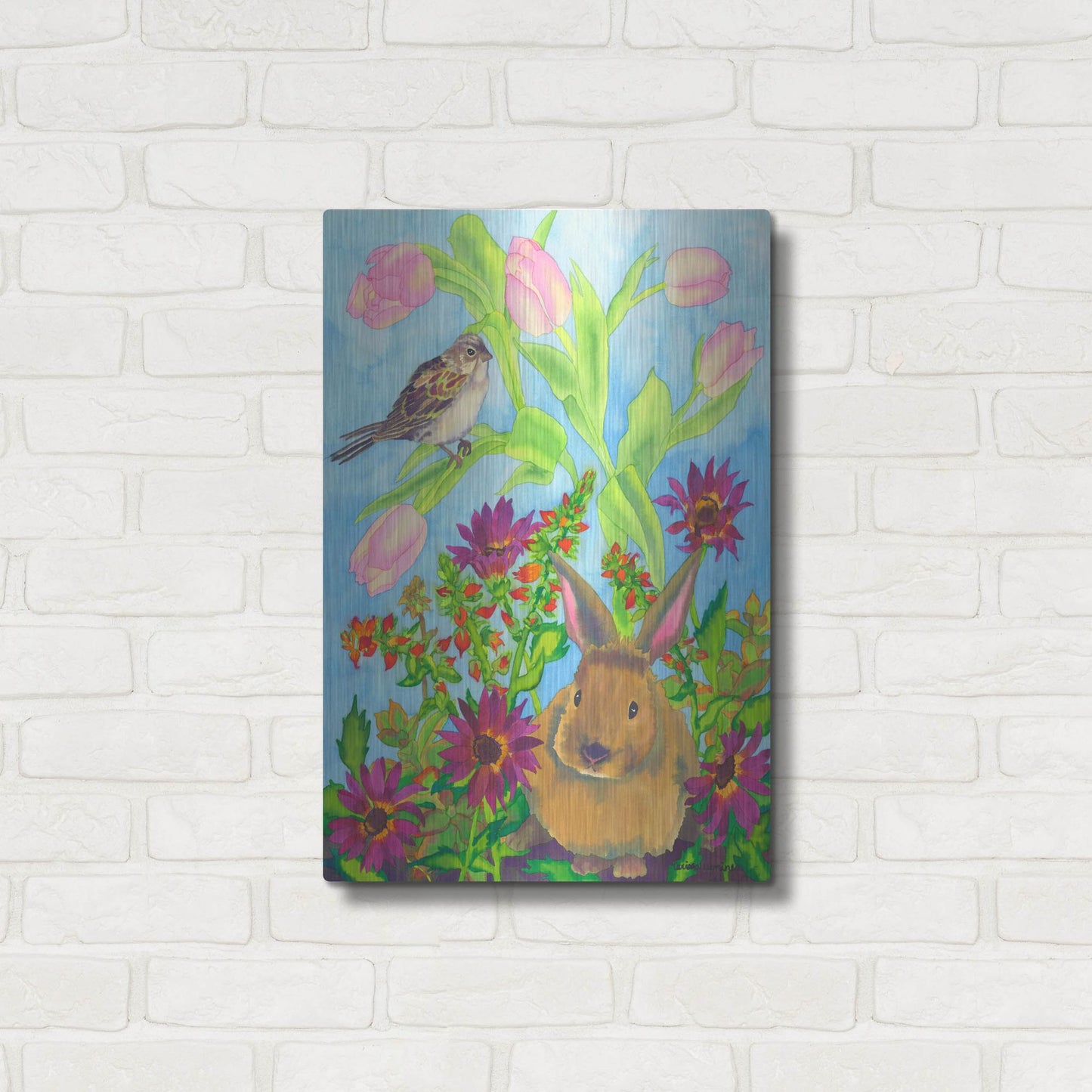 Luxe Metal Art 'Bunny and Sparrow' by Carissa Luminess, Metal Wall Art,16x24