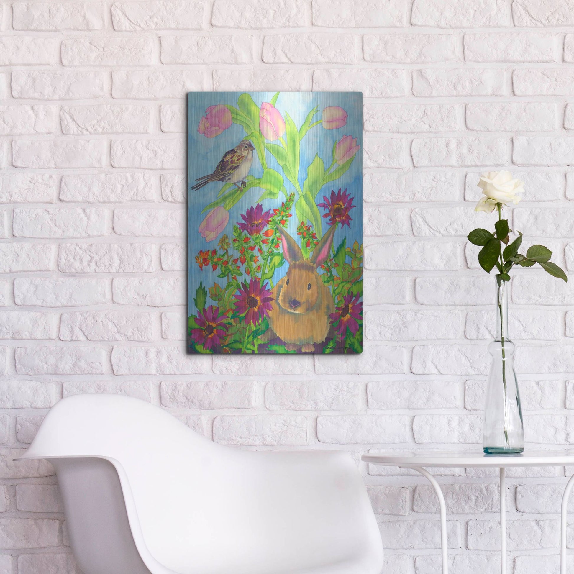 Luxe Metal Art 'Bunny and Sparrow' by Carissa Luminess, Metal Wall Art,16x24