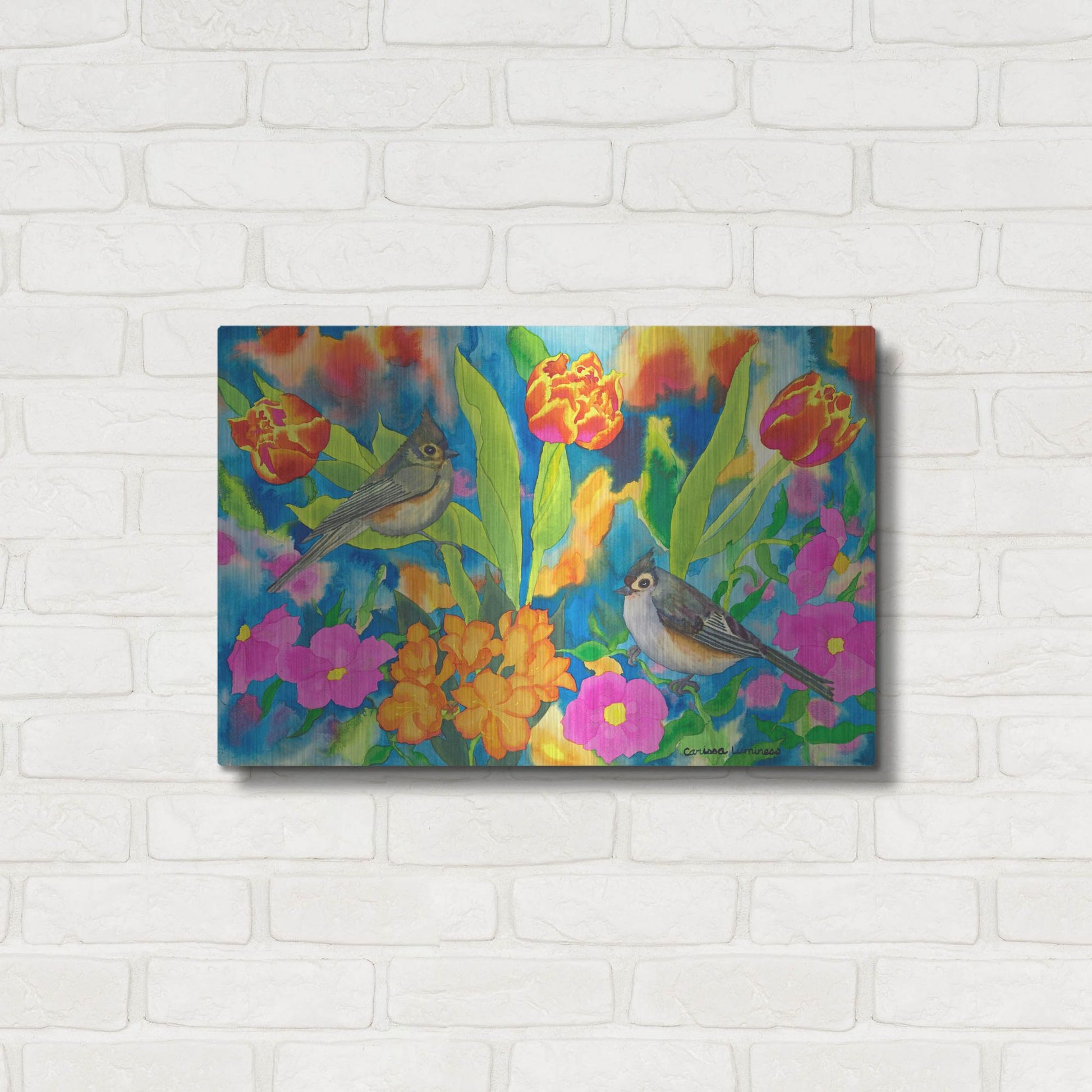 Luxe Metal Art 'Titmouses and Tulips' by Carissa Luminess, Metal Wall Art,24x16
