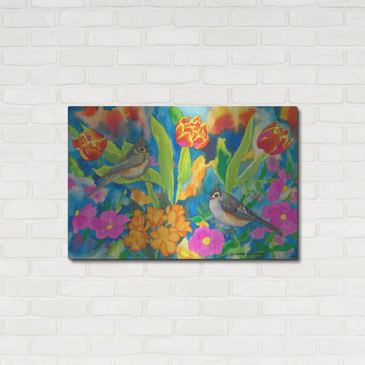 Luxe Metal Art 'Titmouses and Tulips' by Carissa Luminess, Metal Wall Art,36x24