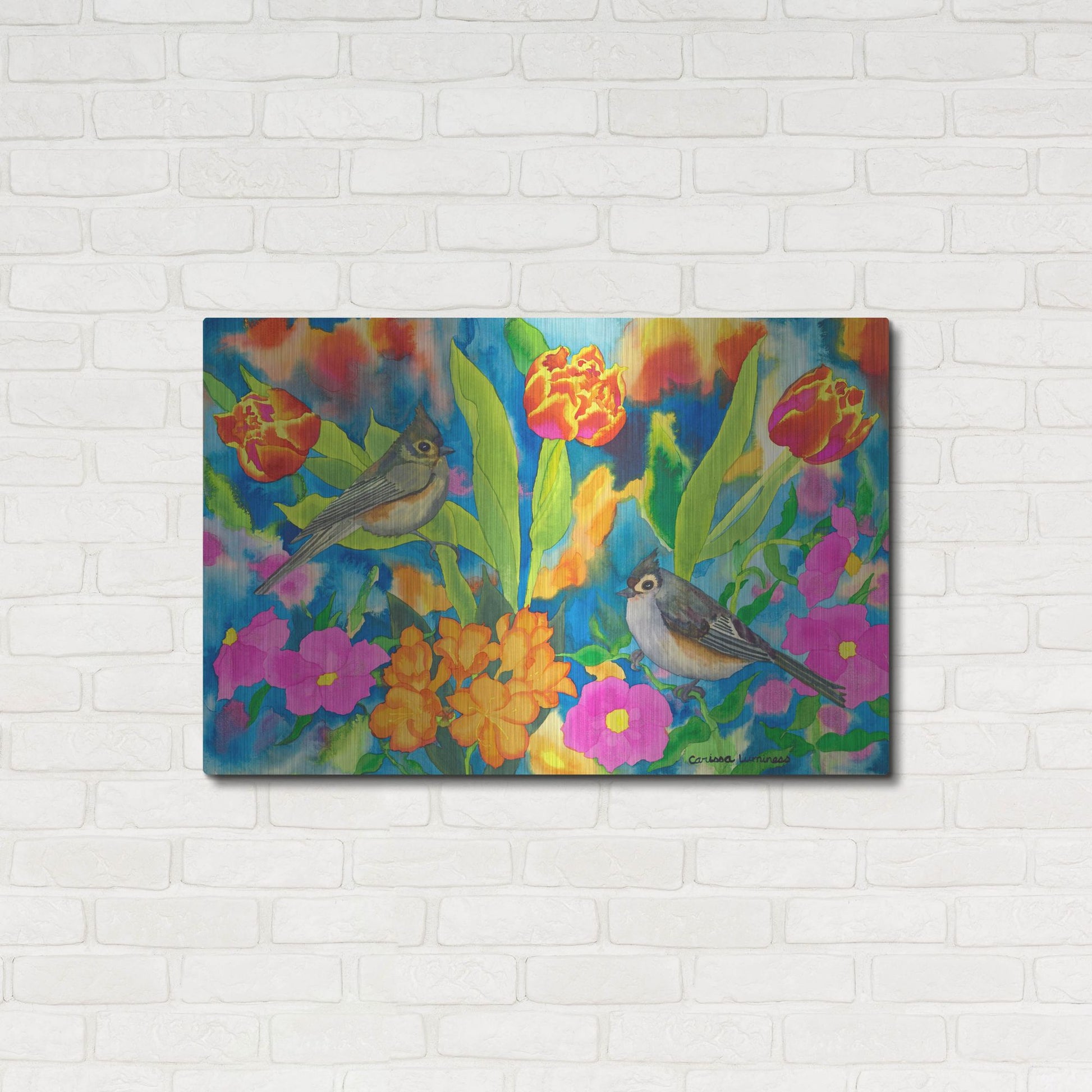 Luxe Metal Art 'Titmouses and Tulips' by Carissa Luminess, Metal Wall Art,36x24