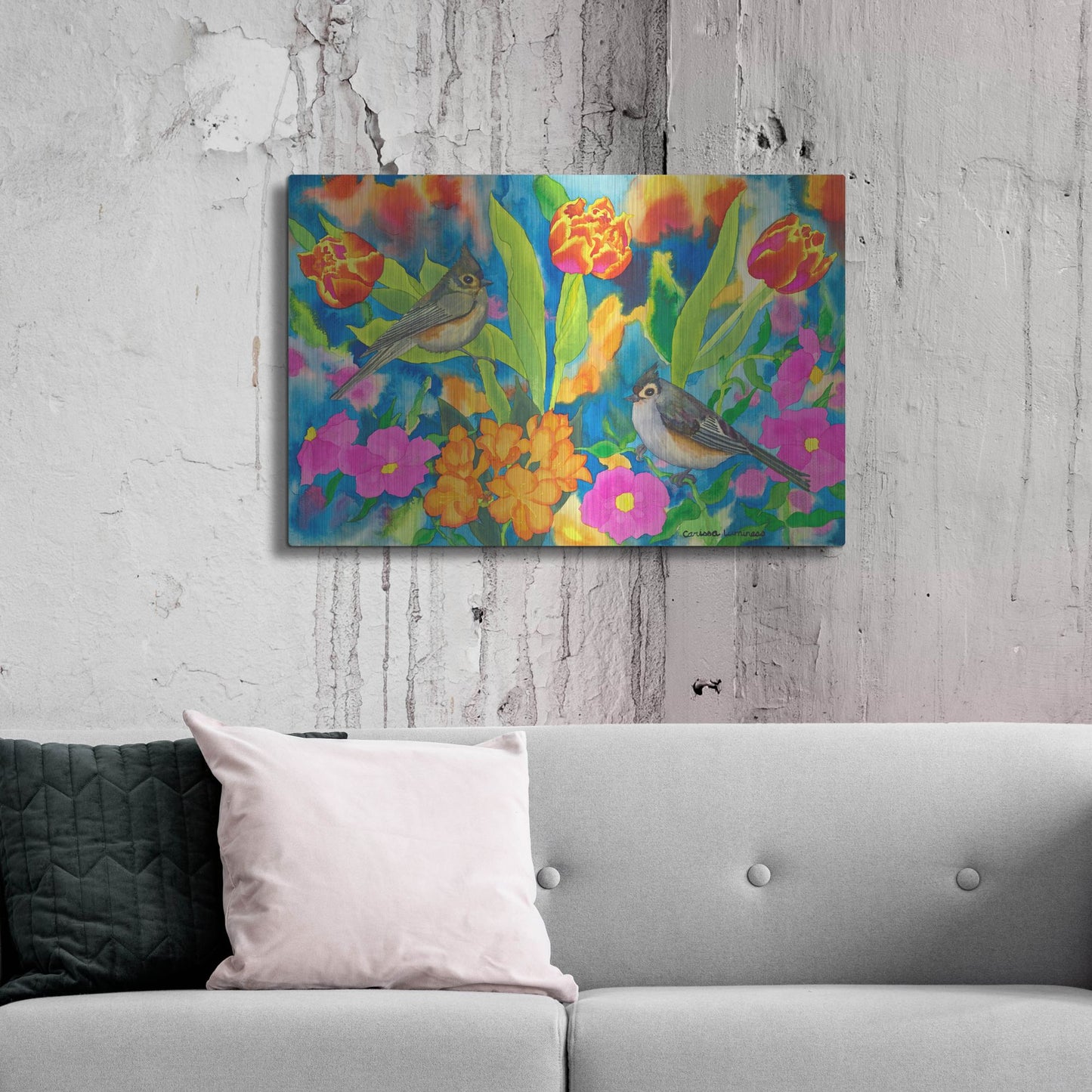 Luxe Metal Art 'Titmouses and Tulips' by Carissa Luminess, Metal Wall Art,36x24