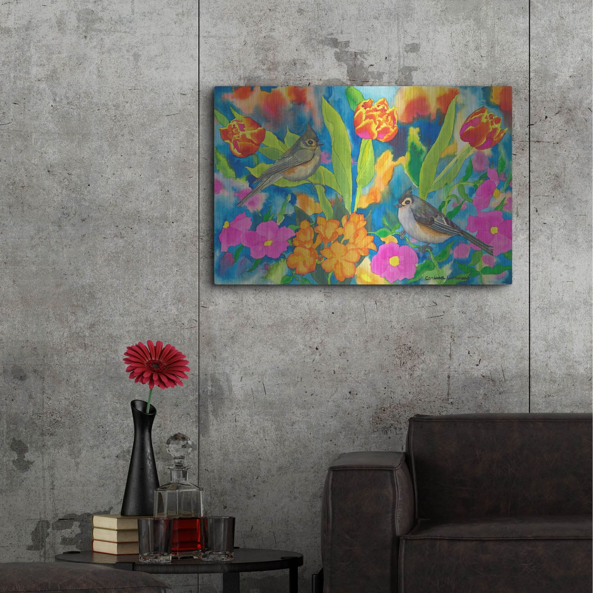 Luxe Metal Art 'Titmouses and Tulips' by Carissa Luminess, Metal Wall Art,36x24