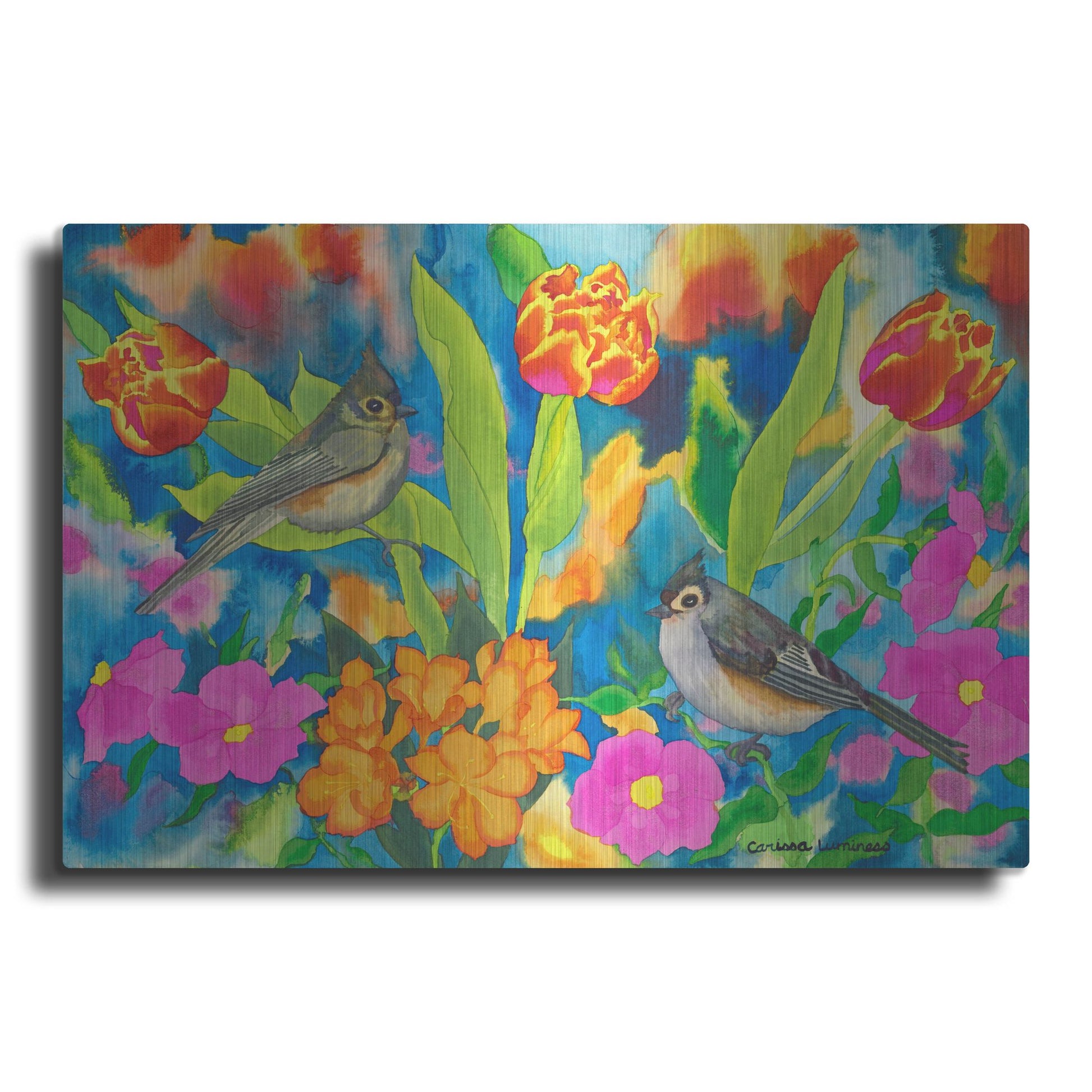 Luxe Metal Art 'Titmouses and Tulips' by Carissa Luminess, Metal Wall Art