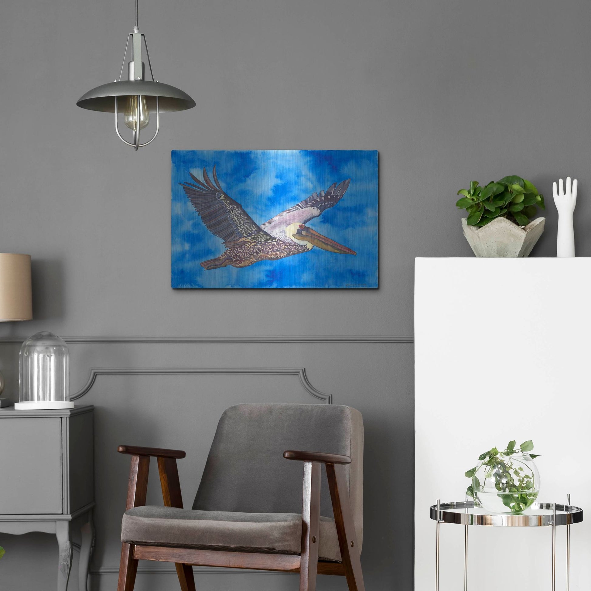 Luxe Metal Art 'Flying Pelican' by Carissa Luminess, Metal Wall Art,24x16
