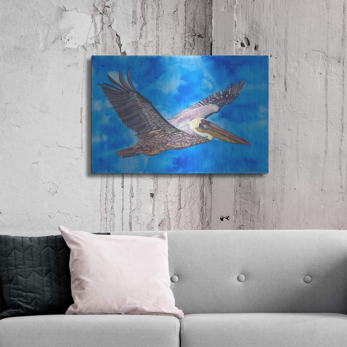 Luxe Metal Art 'Flying Pelican' by Carissa Luminess, Metal Wall Art,36x24