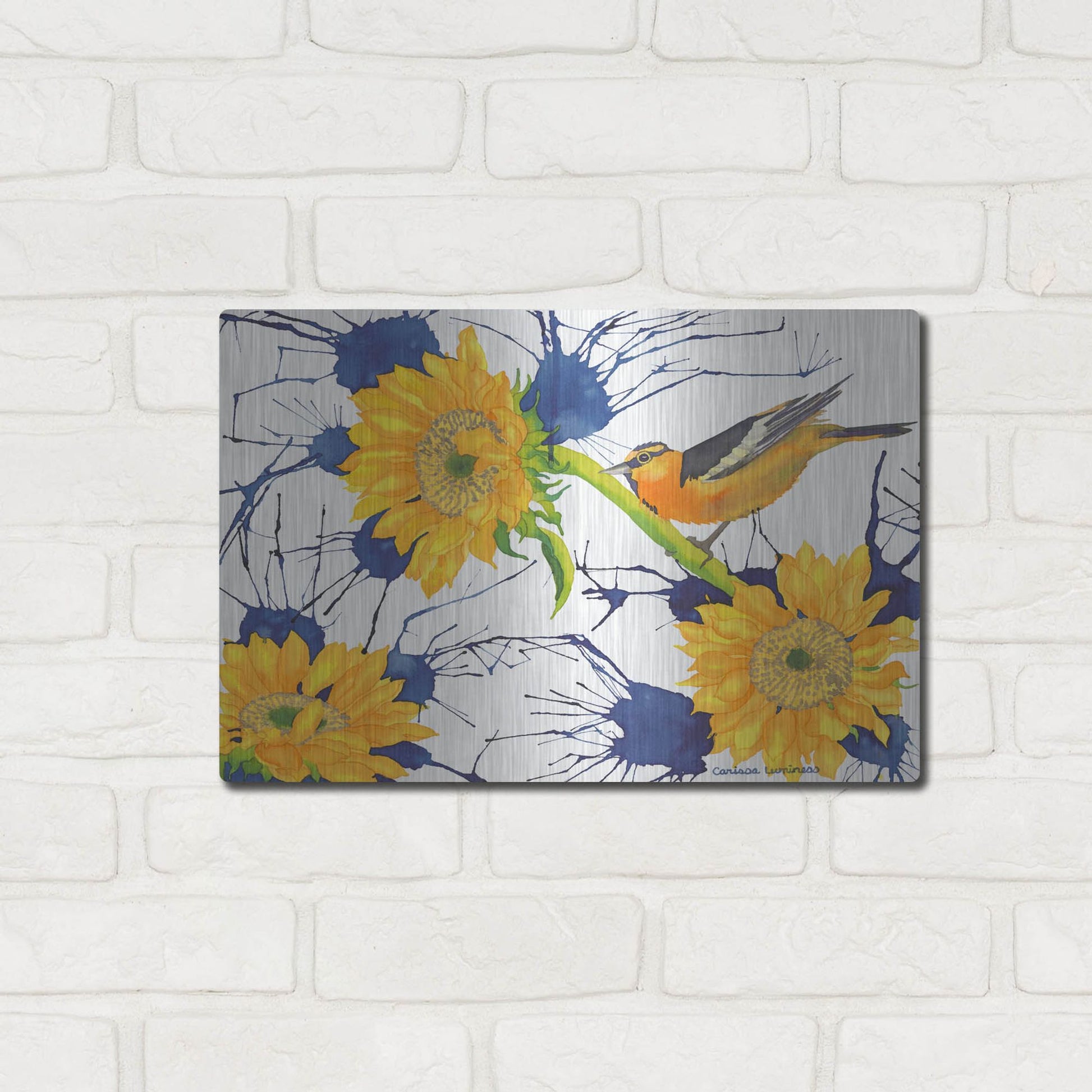 Luxe Metal Art 'Oriole with Sunflowers' by Carissa Luminess, Metal Wall Art,16x12