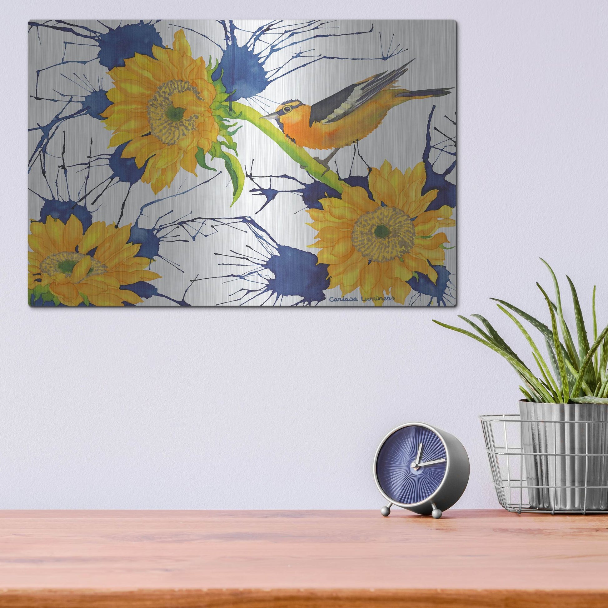 Luxe Metal Art 'Oriole with Sunflowers' by Carissa Luminess, Metal Wall Art,16x12