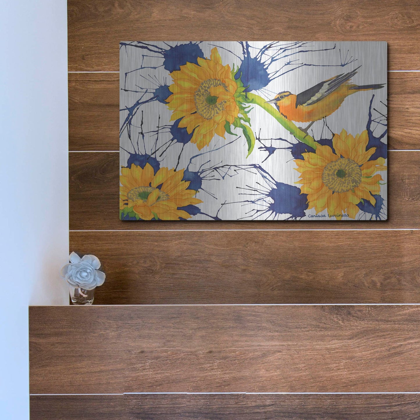Luxe Metal Art 'Oriole with Sunflowers' by Carissa Luminess, Metal Wall Art,16x12