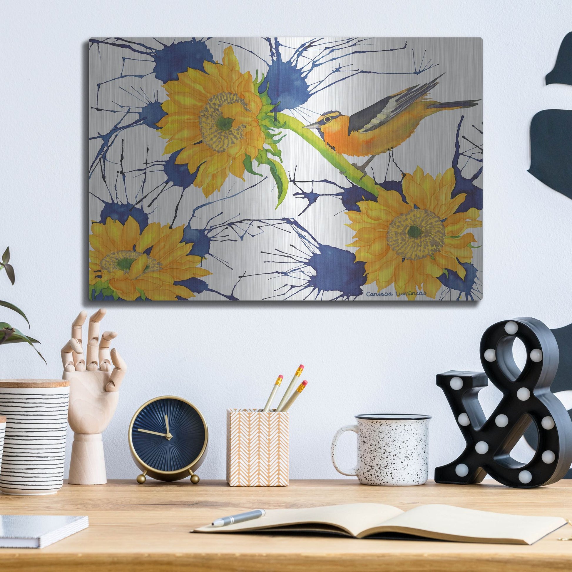 Luxe Metal Art 'Oriole with Sunflowers' by Carissa Luminess, Metal Wall Art,16x12