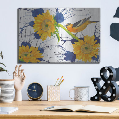 Luxe Metal Art 'Oriole with Sunflowers' by Carissa Luminess, Metal Wall Art,16x12