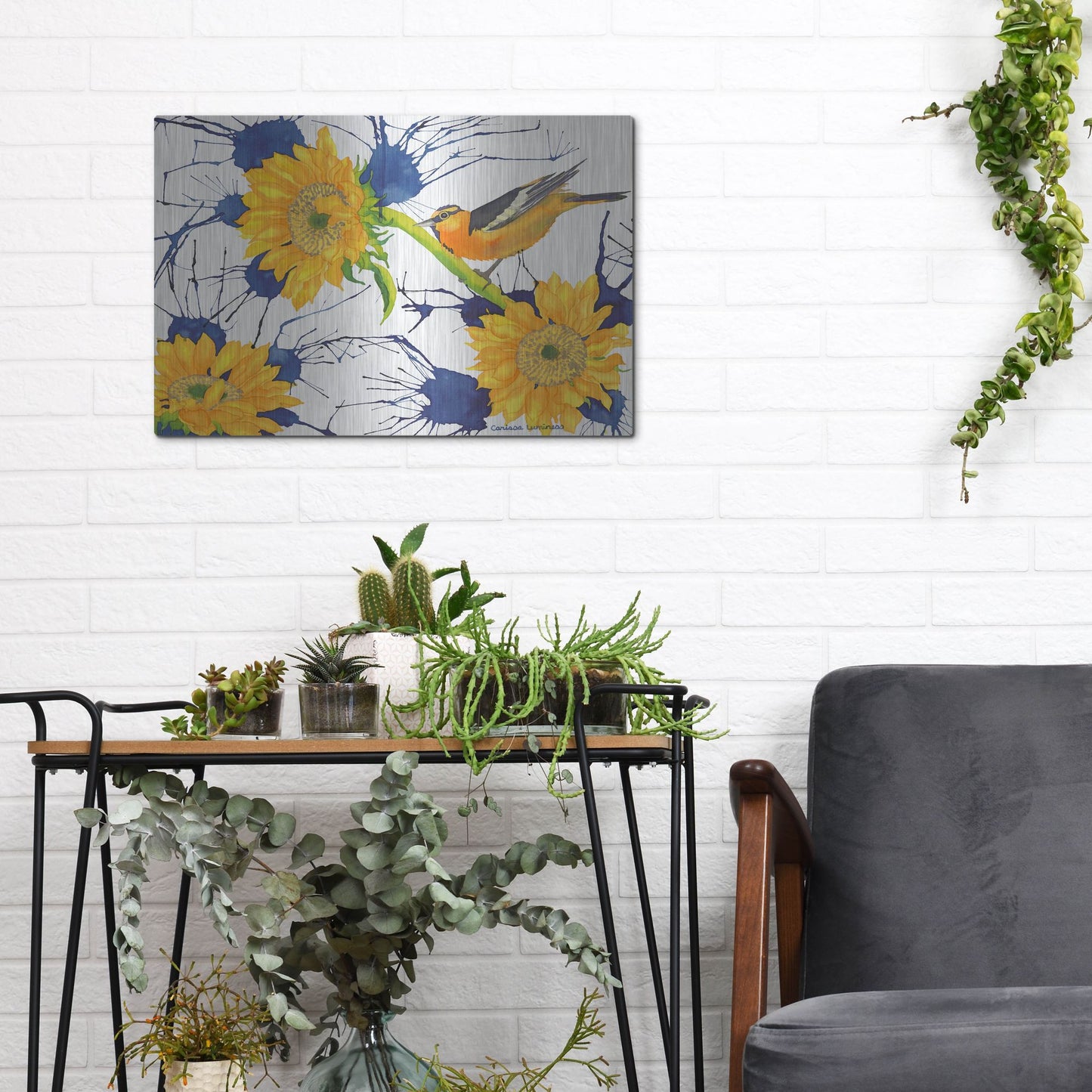 Luxe Metal Art 'Oriole with Sunflowers' by Carissa Luminess, Metal Wall Art,16x12