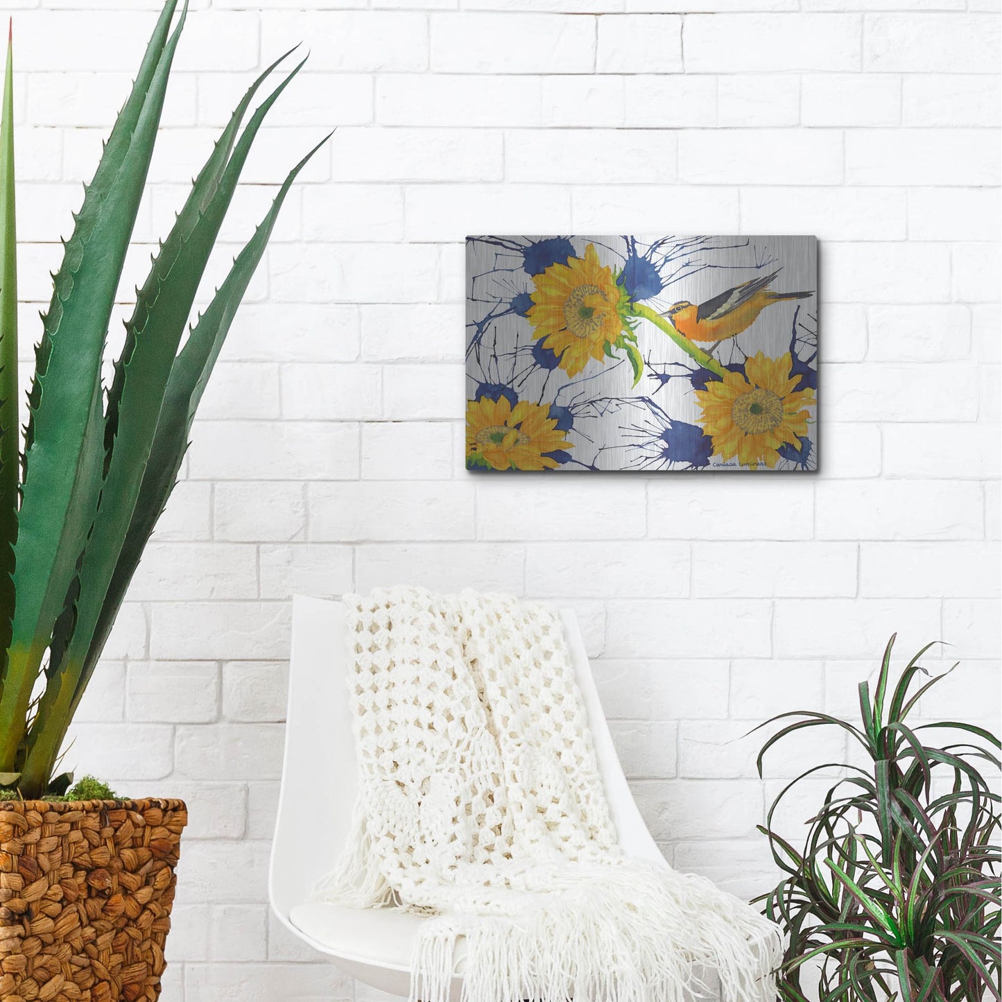 Luxe Metal Art 'Oriole with Sunflowers' by Carissa Luminess, Metal Wall Art,16x12