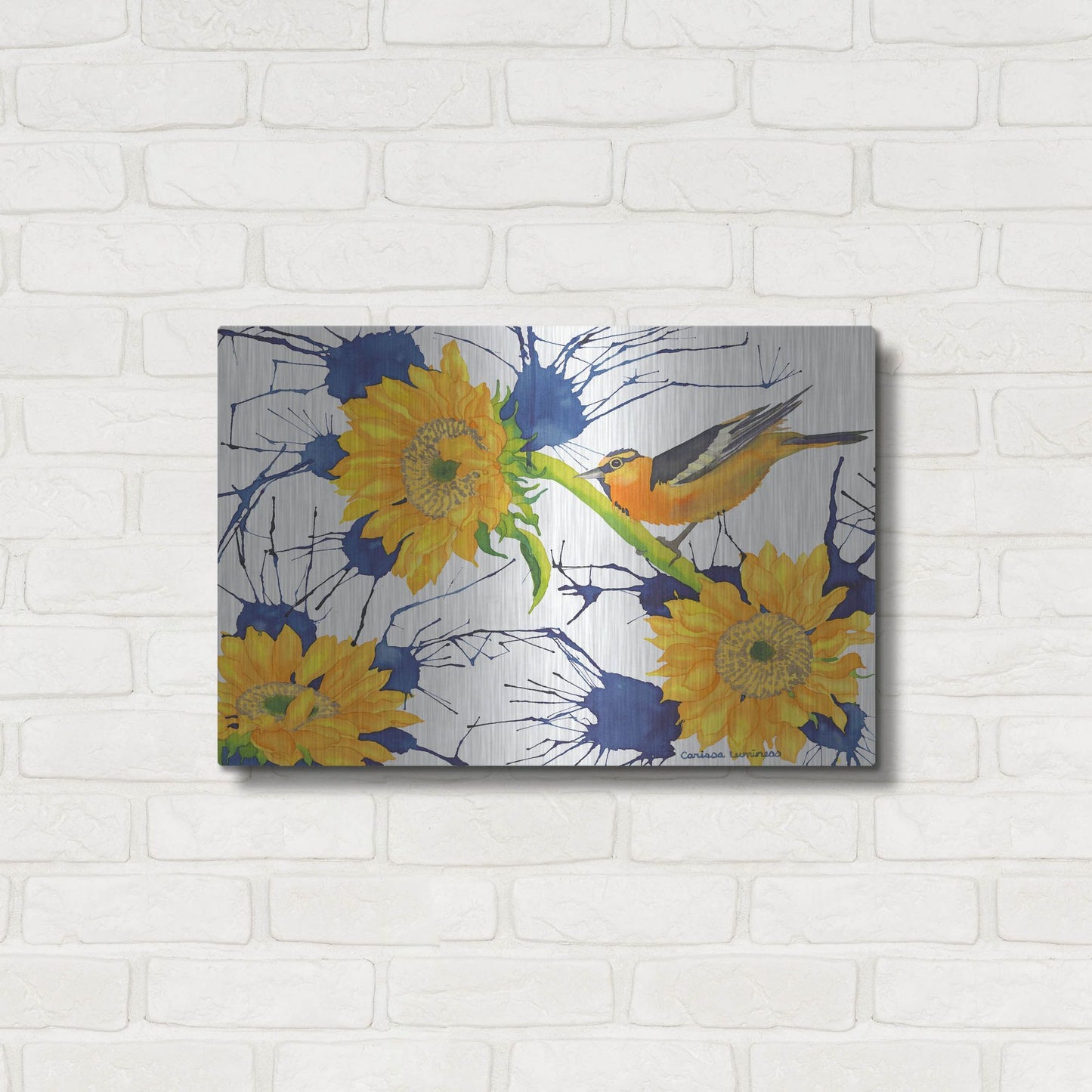 Luxe Metal Art 'Oriole with Sunflowers' by Carissa Luminess, Metal Wall Art,24x16