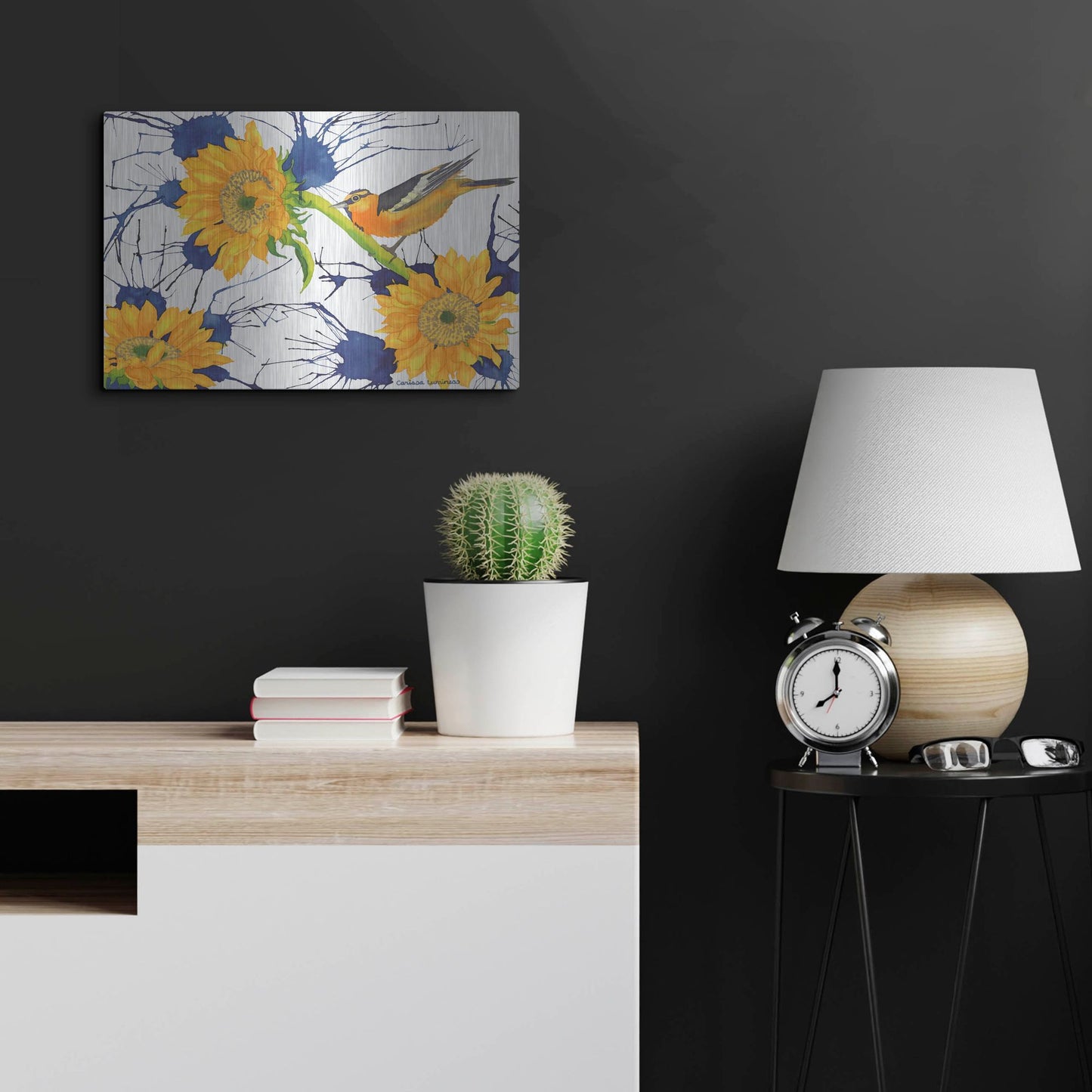 Luxe Metal Art 'Oriole with Sunflowers' by Carissa Luminess, Metal Wall Art,24x16
