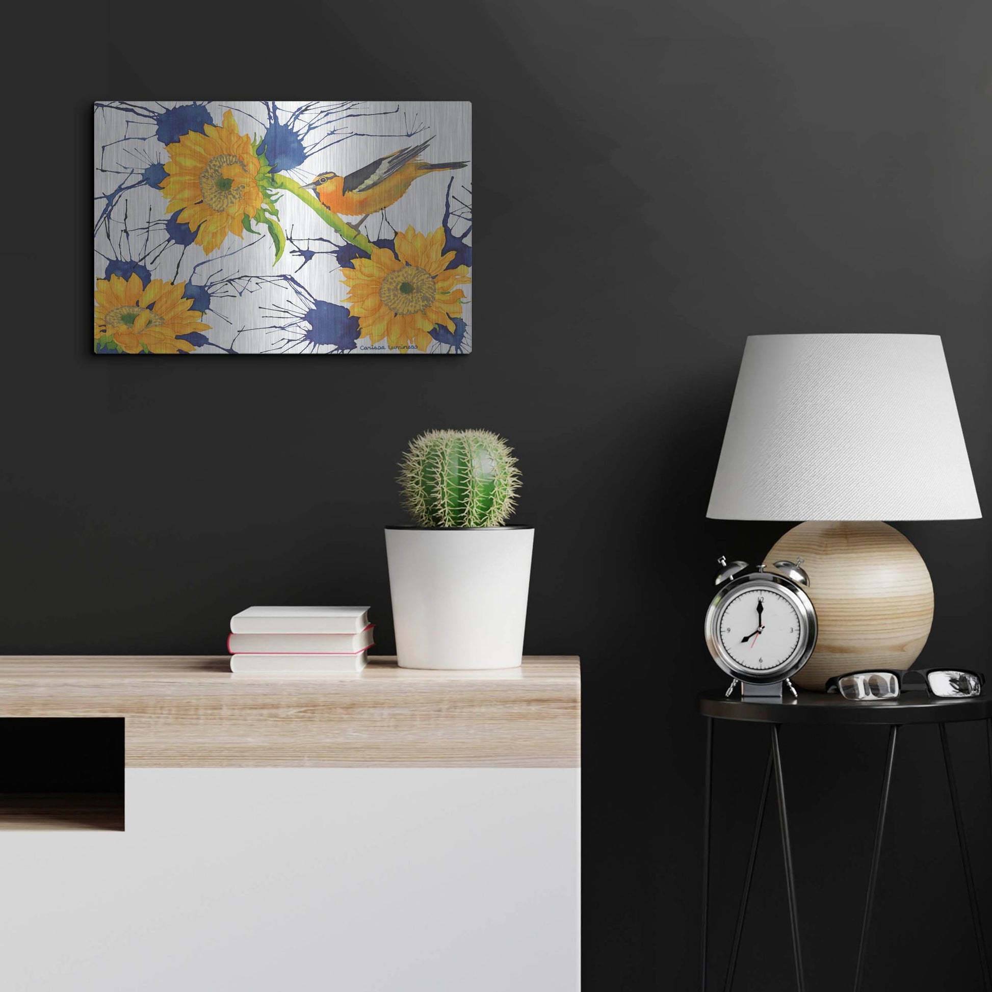 Luxe Metal Art 'Oriole with Sunflowers' by Carissa Luminess, Metal Wall Art,24x16