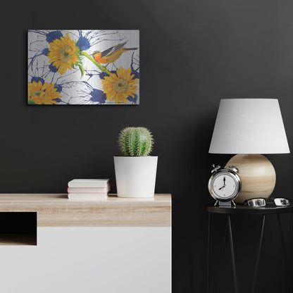 Luxe Metal Art 'Oriole with Sunflowers' by Carissa Luminess, Metal Wall Art,24x16