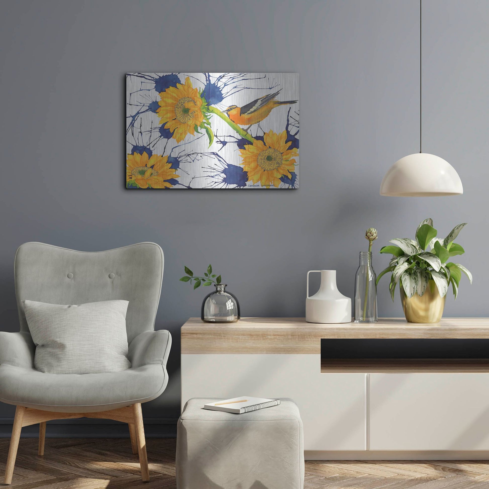 Luxe Metal Art 'Oriole with Sunflowers' by Carissa Luminess, Metal Wall Art,24x16
