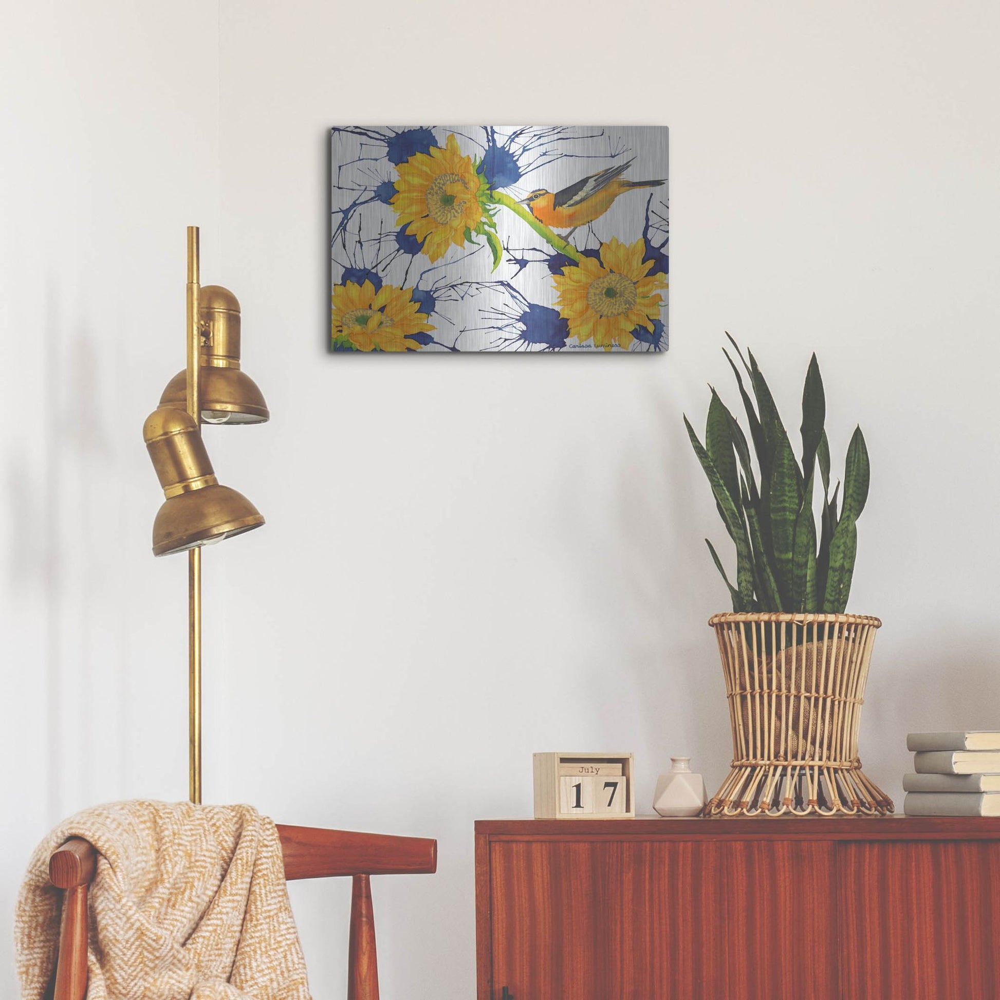 Luxe Metal Art 'Oriole with Sunflowers' by Carissa Luminess, Metal Wall Art,24x16