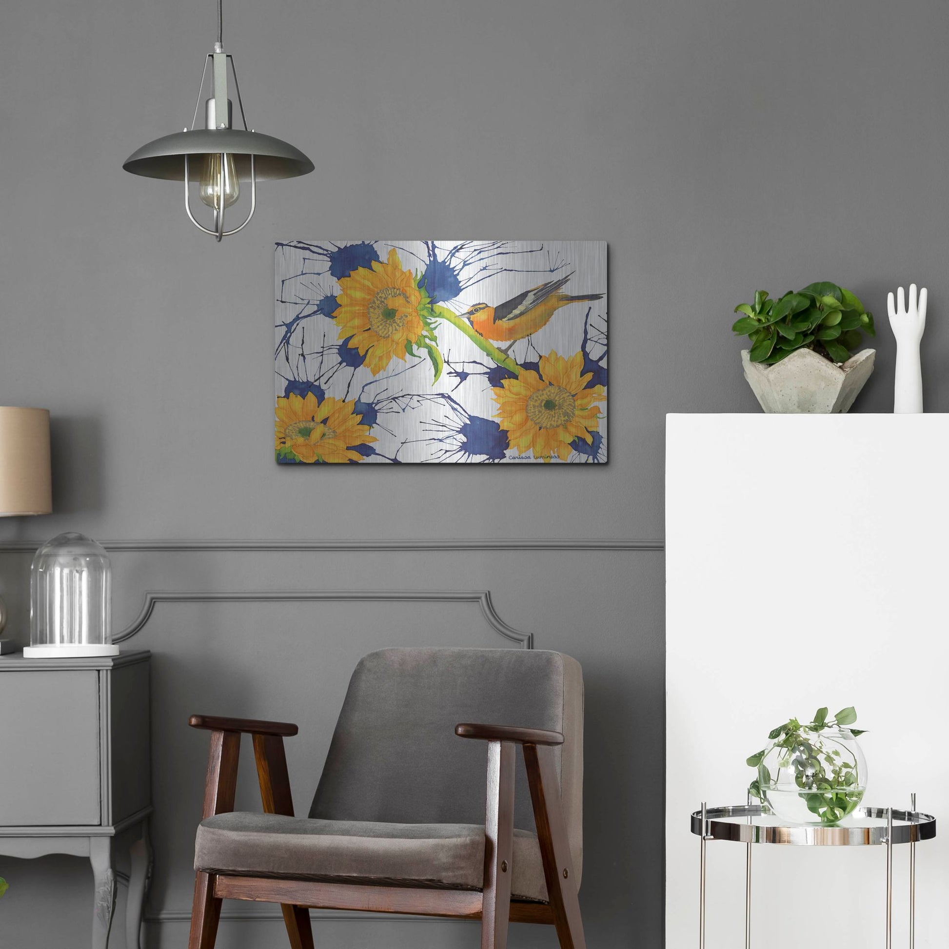Luxe Metal Art 'Oriole with Sunflowers' by Carissa Luminess, Metal Wall Art,24x16