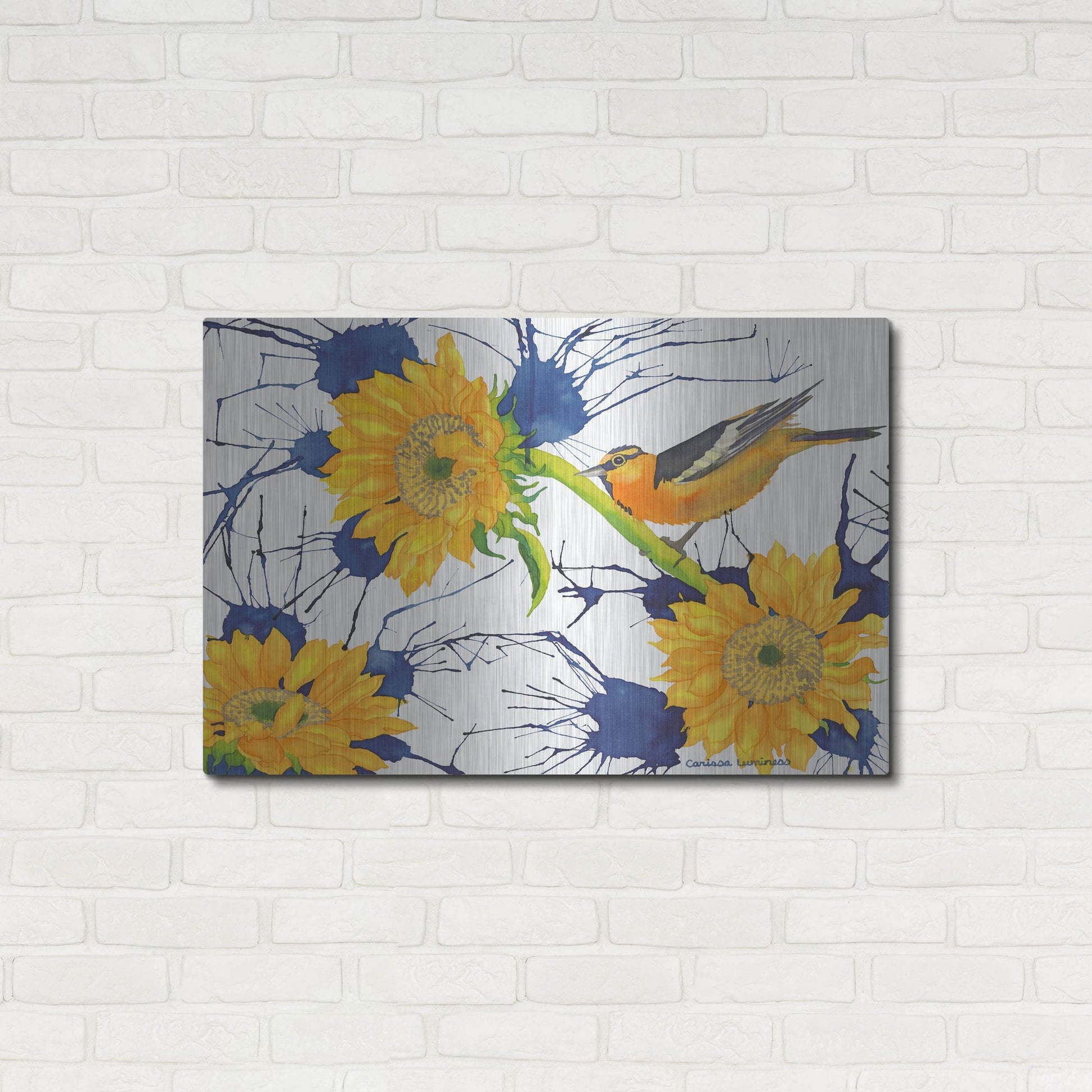 Luxe Metal Art 'Oriole with Sunflowers' by Carissa Luminess, Metal Wall Art,36x24