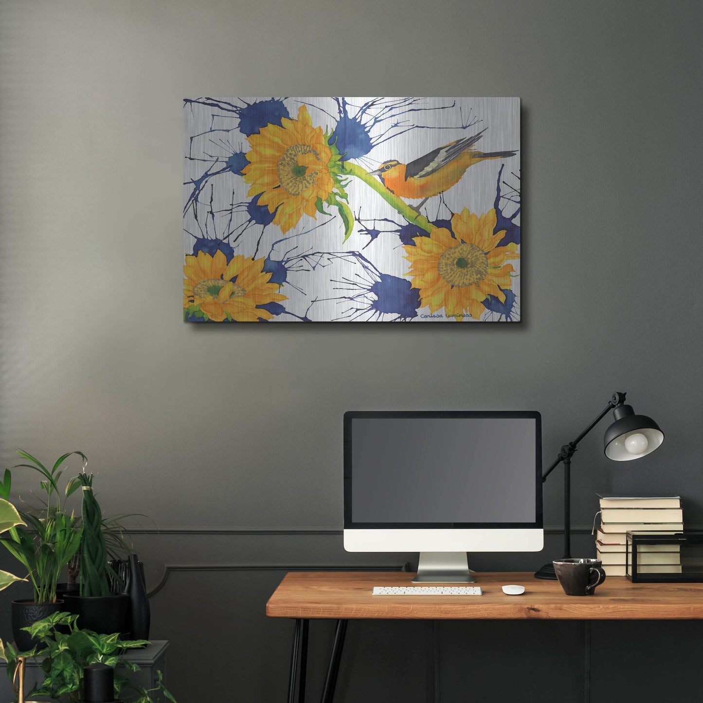Luxe Metal Art 'Oriole with Sunflowers' by Carissa Luminess, Metal Wall Art,36x24