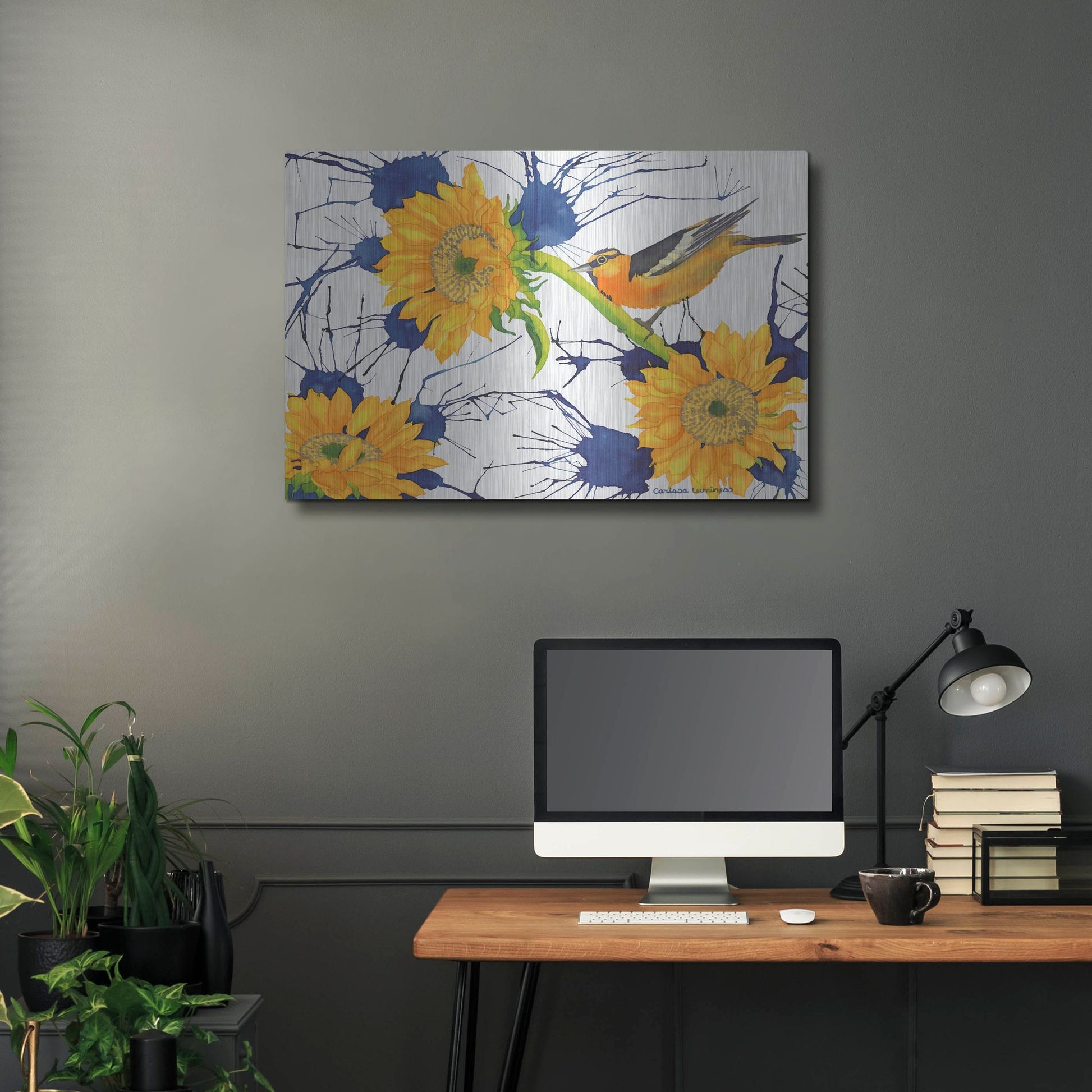 Luxe Metal Art 'Oriole with Sunflowers' by Carissa Luminess, Metal Wall Art,36x24