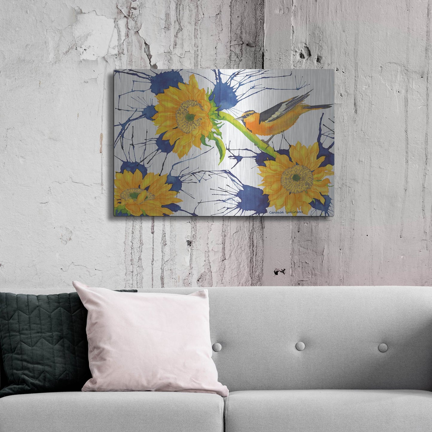 Luxe Metal Art 'Oriole with Sunflowers' by Carissa Luminess, Metal Wall Art,36x24