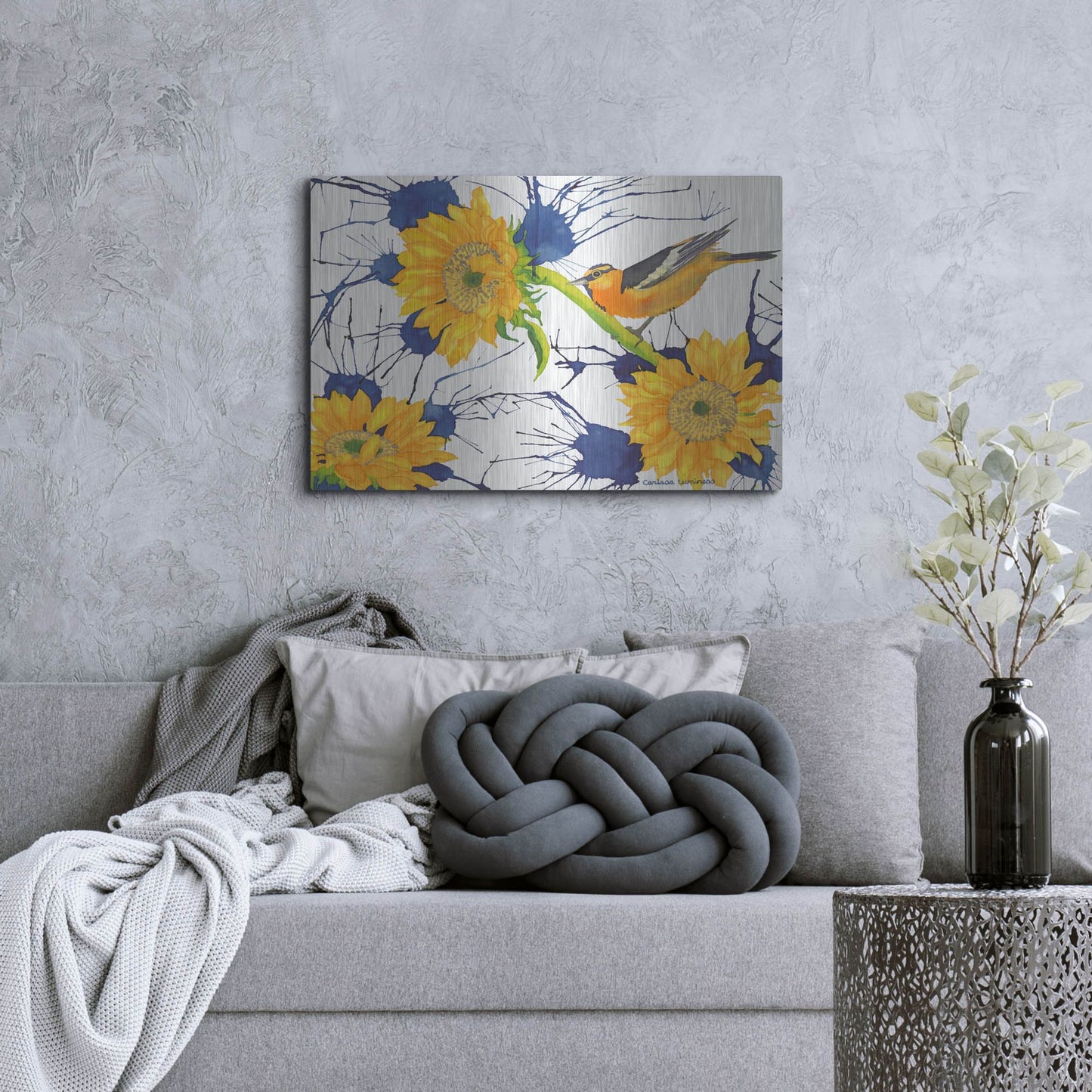 Luxe Metal Art 'Oriole with Sunflowers' by Carissa Luminess, Metal Wall Art,36x24